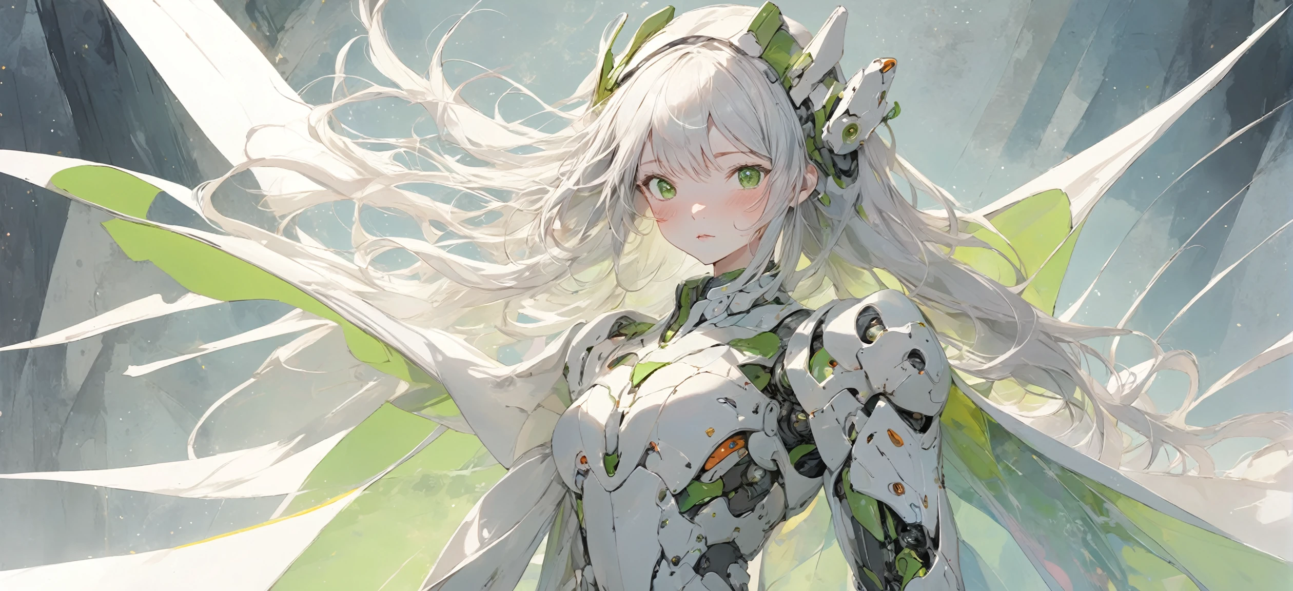 Anime girl with white hair and green wings in a forest - SeaArt AI