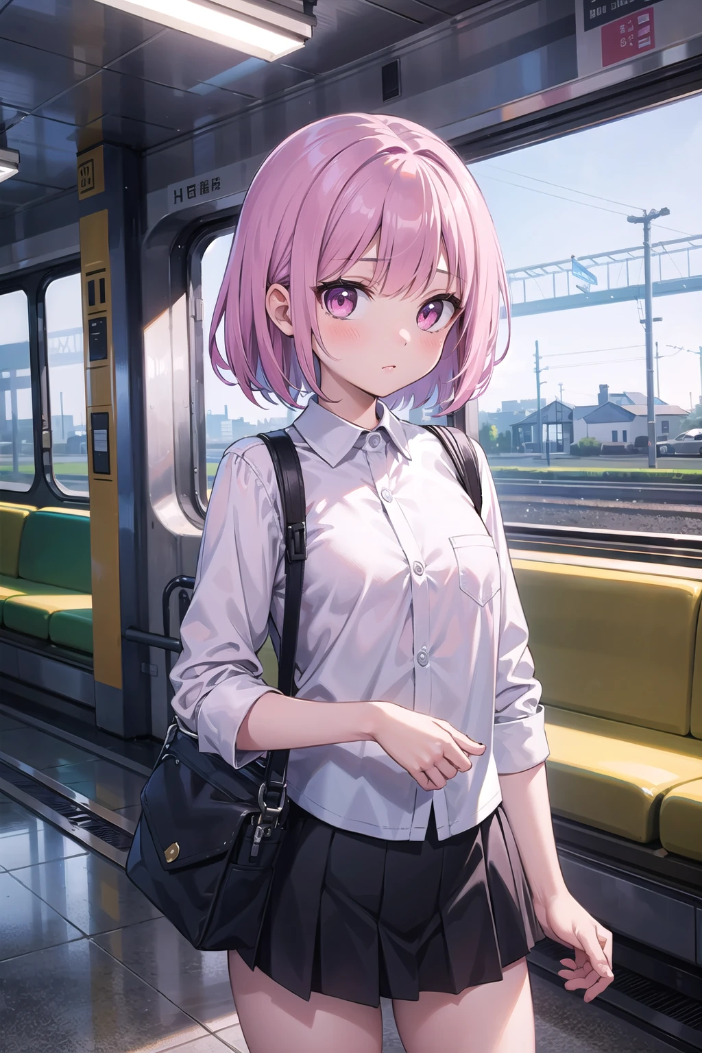 (masterpiece), best quality, high resolution, highly detailed, detailed background, perfect lighting, 1girl, wispy bangs, pink eyes, small breasts, hose, simple, train station,