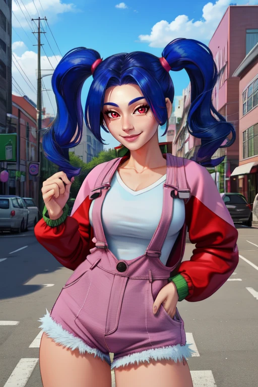 Alice,twintails,red eyes, blue hair, smirk,
pink overall shorts, white shirt, white knee pads, pink shoes, pink jacket,
upper body, smile, standing,
outdoors, city,
(insanely detailed, beautiful detailed face, masterpiece, best quality) <lora:AliceBR2:0.7>