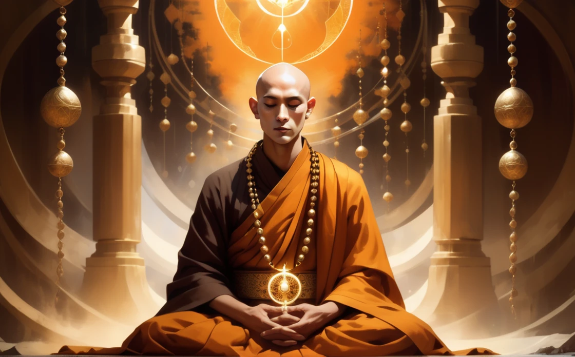 mysterious, fantasy, 1 monk wearing a giant rosary on his chest, beautiful eyes, bald head, sitting in meditation,halo in the back, abstract background