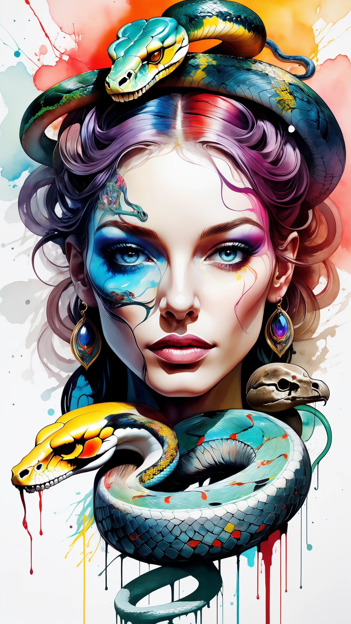 (Gorgeous Painting:1.3) of (Masterpiece:1.3),of (watercolor painting), (large brain alien head:1.1),(birds:1.2), (body full of skull tattoo:1.3),(snake curling around head:1.4),snakes, (art by Carne Griffiths:1.3),(tertiary color:1.3), (secondary color:1), (primary color:.7), vibrant color, deep shadow, ((Abstract, Abstraction, Artistic, Rim Lights, Rim Lighting, Rim Light, Edge Lighting, absurdres, high resolution, (8k resolution), 8k, 8kres, 8k res, super resolution, ultra hd, megapixel, high details, detailed and intricate, intricate details, high intricate details, absurd amount of details)), (by Artist Alberto Seveso:1.4),(by Artist Conrad Roset:1.4),(by Artist Ivan Bilibin:1.3),(Process Art:1.8) style of kaleidoscope art