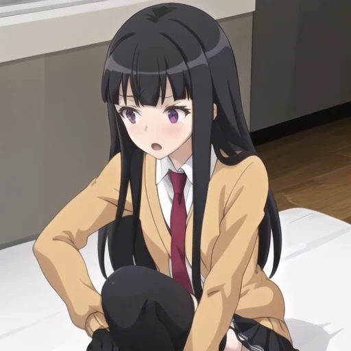 (masterpiece, best quality:1.2),illustration,8k,hd,1girl,solo,long_hair,bangs,shirt,black_hair,school_uniform,purple_eyes,white_shirt,blunt_bangs,cardigan,red_necktie,black_thighhighs,zettai_ryouiki,black_skirt,pleated_skirt,long_sleeves,miniskirt,<lora:Miu-V1:0.9>,