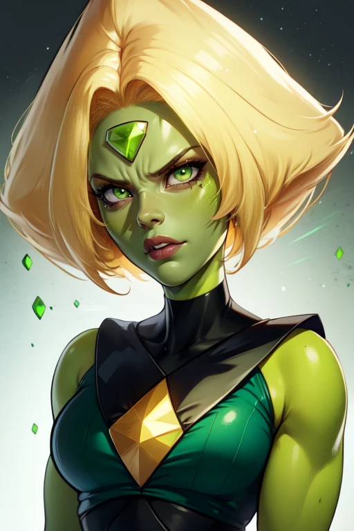 Peridot,green skin,forehead jewel, green eyes,blonde hair,
leotard, yellow shades, diamond insignia on chest,
serious,
solo, upper body,
(insanely detailed, beautiful detailed face,masterpiece, best quality) <lora:Peridot:0.8>