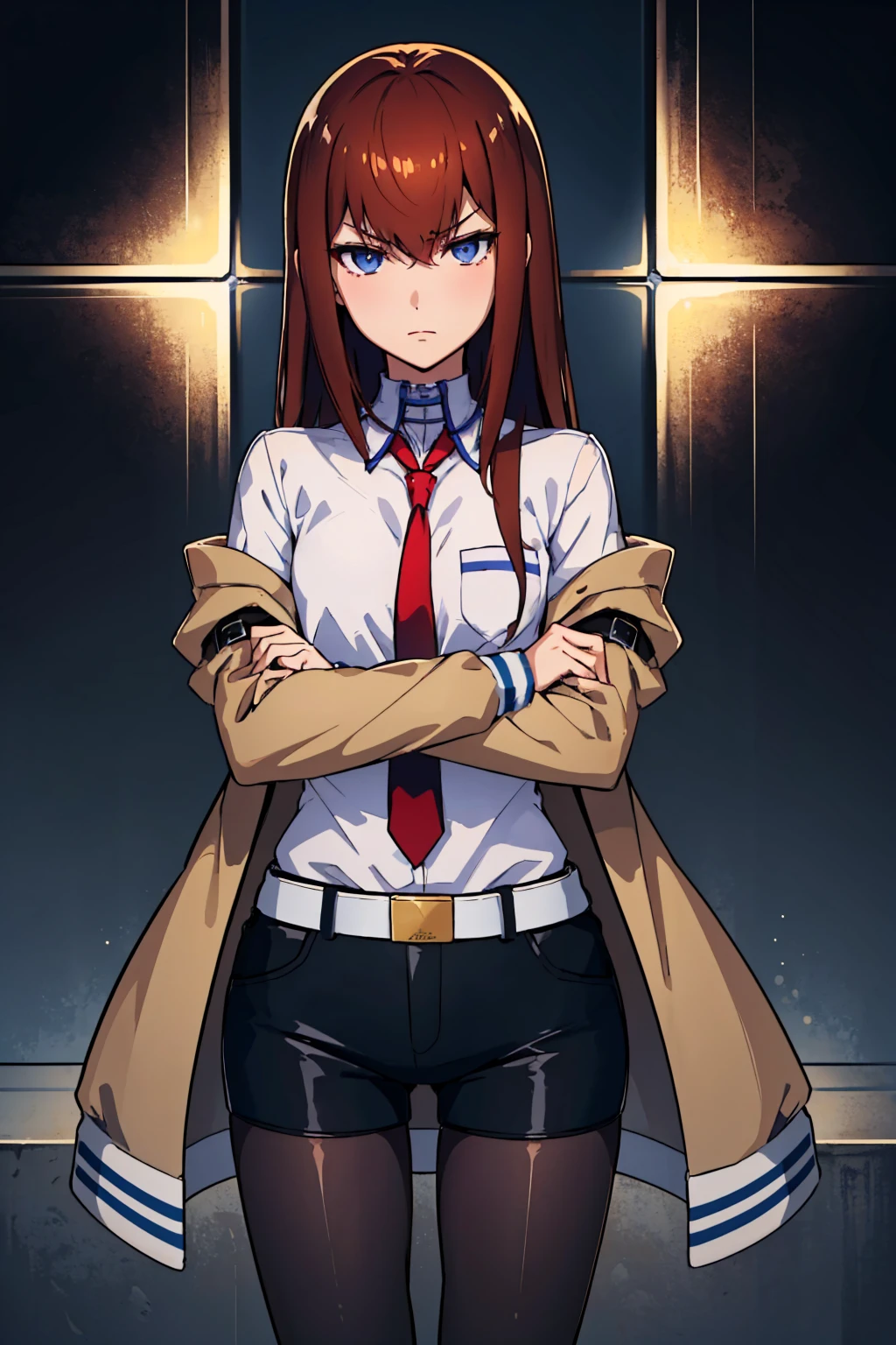 (masterpiece, best quality:1.2), solo, 1girl, makise kurisu, expressionless, looking at viewer, crossed arms, jacket, off shoulder, collared shirt, red necktie, black shorts, pantyhose, legwear under shorts <lora:steinsgate_makise:1>