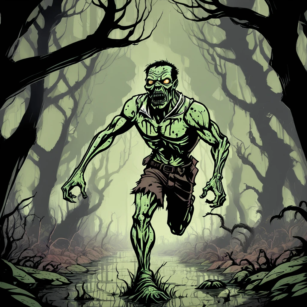 Angst, zombie running through a swamp