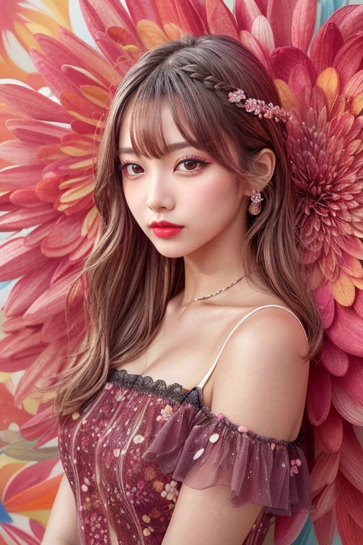 best quality, masterpiece, 1girl, solo, upper body, looking at viewer, abstract background, official art, fractal art, full of colorful flower petals, long hair, makeup, parted lips, orange lips, eyeliner,
(pureerosface_v1:0.4)
<lora:koreandolllikenessV20_v20:0.3>
<lora:JapaneseDollLikeness_v15:0.3><lora:add_detail:0.9>