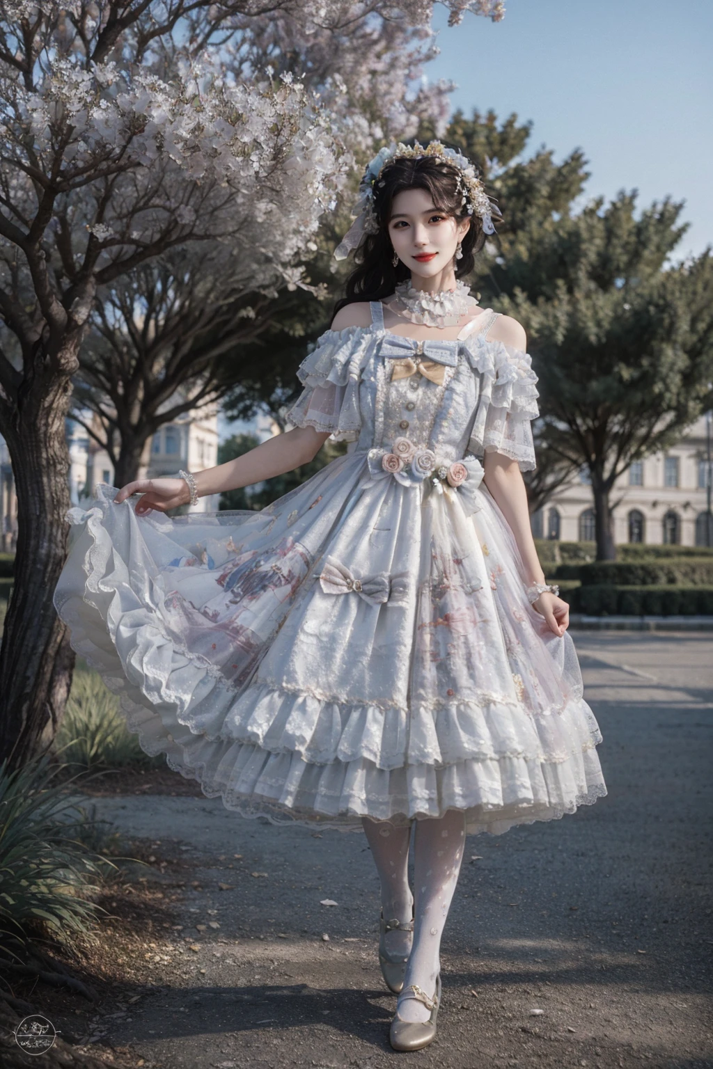 realistic, photorealistic, masterpiece, absurdres, extremely detailed, best quality, lo_dress, frilled dress, white pantyhose, 1girl, solo, long black hair, bangs, (looking at viewer:1.2), full body, standing, detailed background, in garden, palace, flower, tree, luxury decorations, sunshine, <lora:lo_dress_vol2_style3_v2:0.7>
