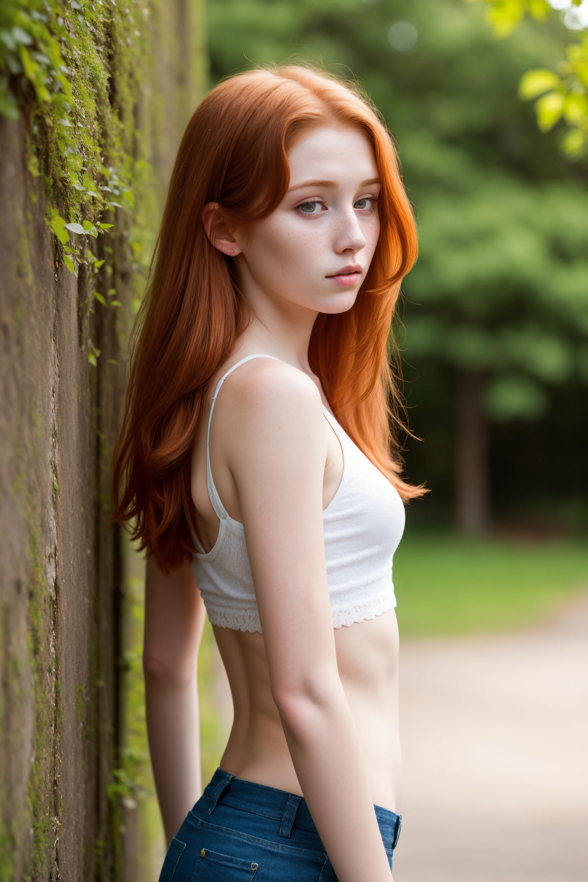 raw, a photo of a seductive teenager with loose styled, (redhead hair:1.2), bored, she is wearing a cotton dress, in a forest, showing her transparent panty, focus on her groint, mascara, fullbody shot, (textured skin, skin pores:1.1), (moles:0.8), imperfect skin, goosebumps, flawless face, (light freckles:0.9), (sun-kissed:1.1), ((photorealistic):1.1),