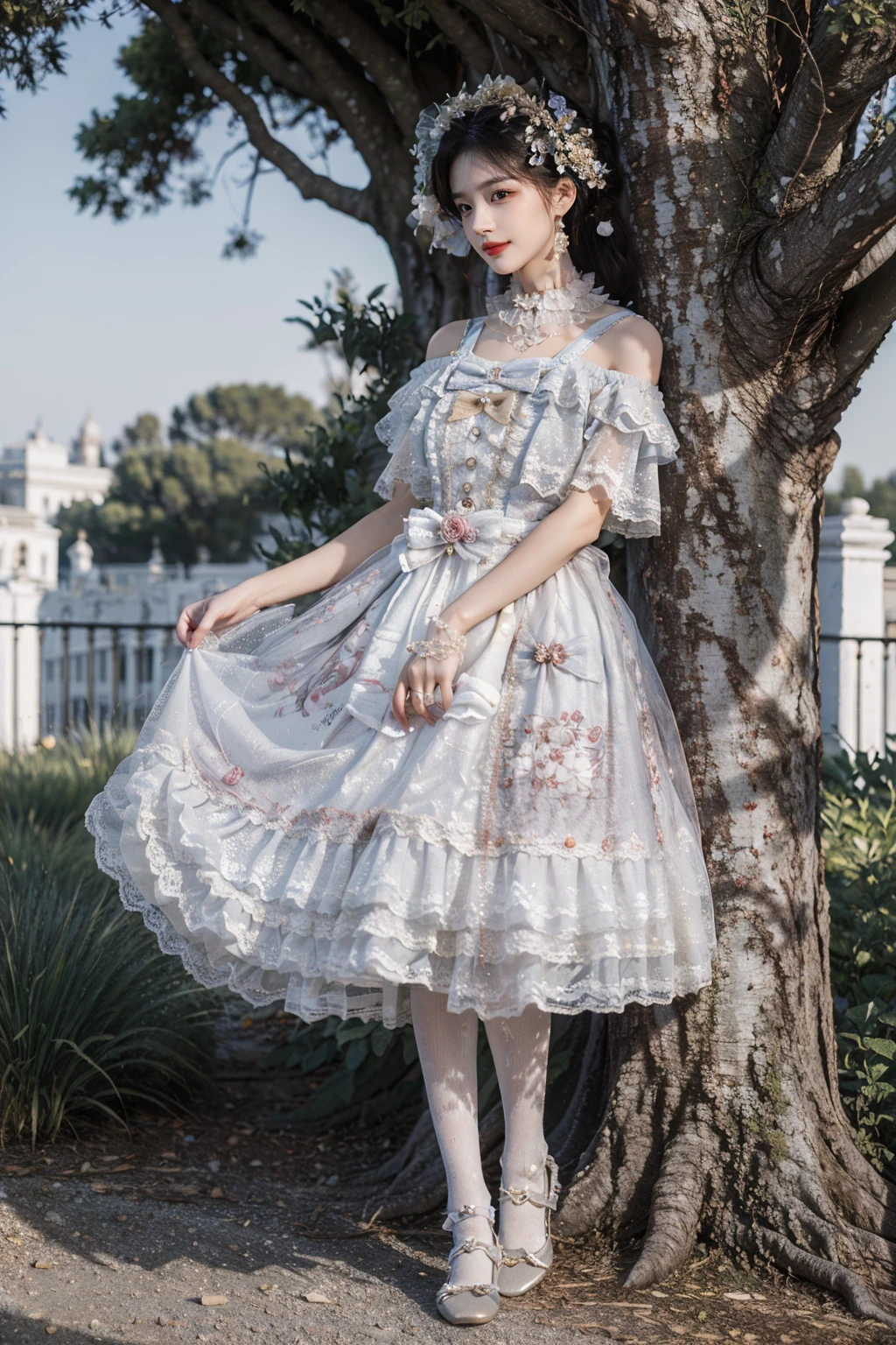 realistic, photorealistic, masterpiece, absurdres, extremely detailed, best quality, lo_dress, frilled dress, white pantyhose, 1girl, solo, long black hair, bangs, (looking at viewer:1.2), full body, standing, detailed background, in garden, palace, flower, tree, luxury decorations, sunshine, <lora:lo_dress_vol2_style3_v2:0.7>