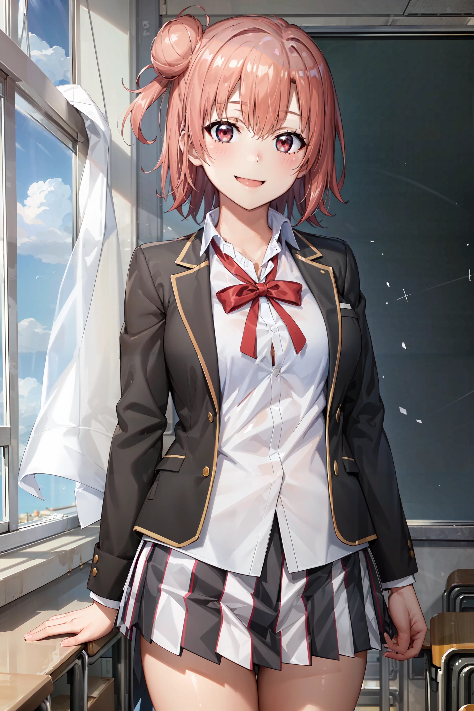 (masterpiece, best quality:1.4), looking at viewer, cowboy shot, smile, classroom, yui yuigahama, single hair bun, school uniform, black jacket, open jacket, white shirt, plaid skirt, kneehighs, <lora:yui_yuigahama_v1:0.7>