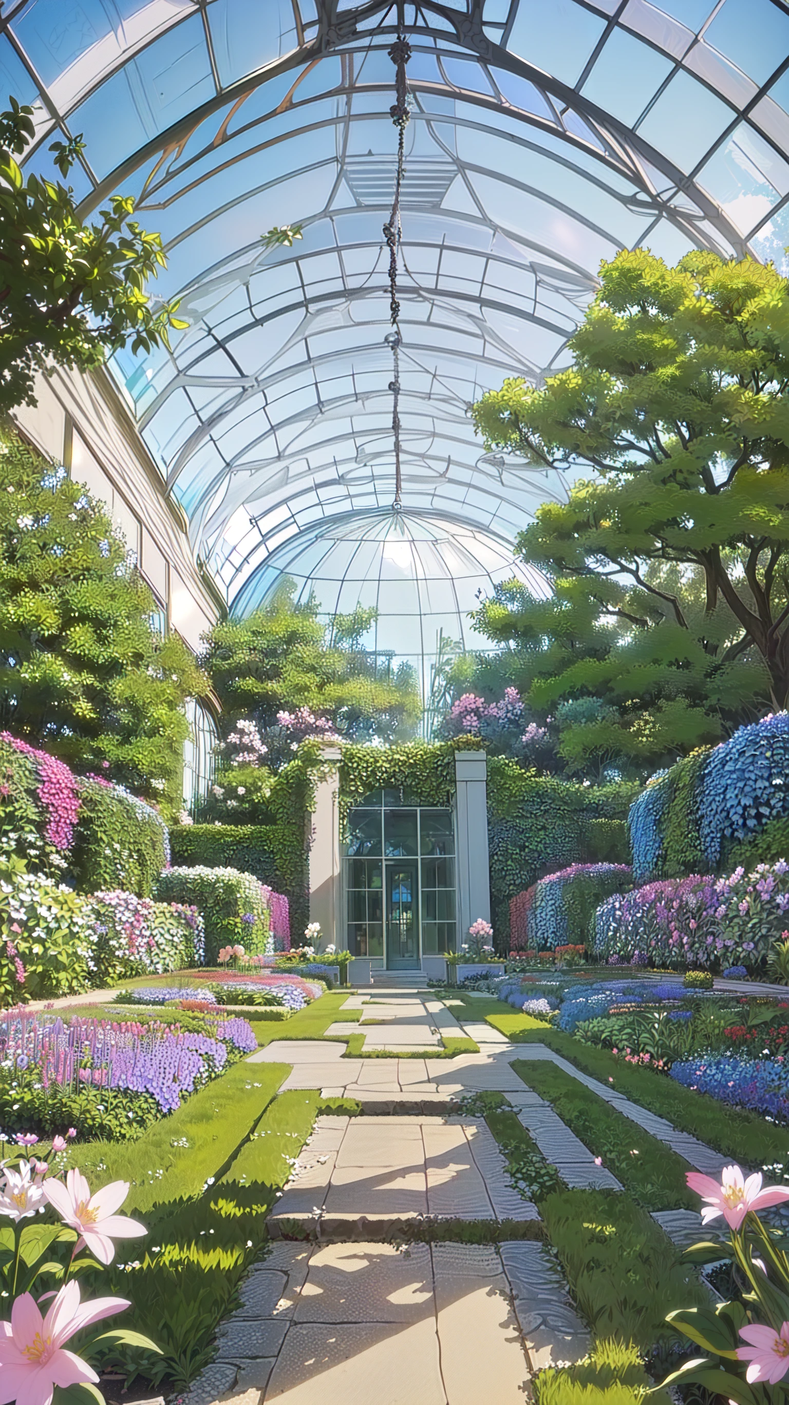 masterpiece, best quality (anime, masterpiece, best quality:1.3), the Geodesic Dome Conservatory at Missouri Botanical Garden in spring bloom, style,masterpiece,best quality,high quality