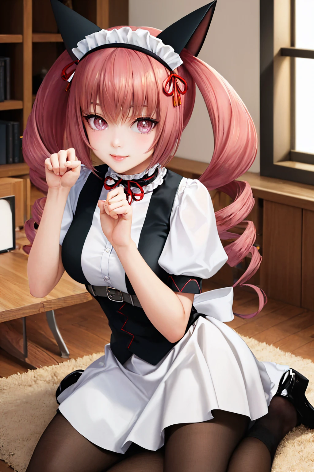 (masterpiece, best quality:1.2), solo, 1girl, faris nyannyan, smile, looking at viewer, paw pose, cat ears, maid headdress, maid, pantyhose <lora:steinsgate_nyannyan:1.0>