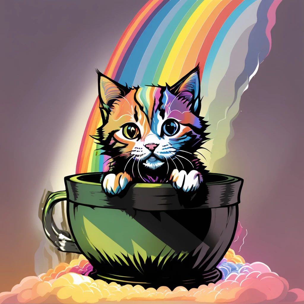 Angst, kitten sitting in a pot of gold at the end of a rainbow