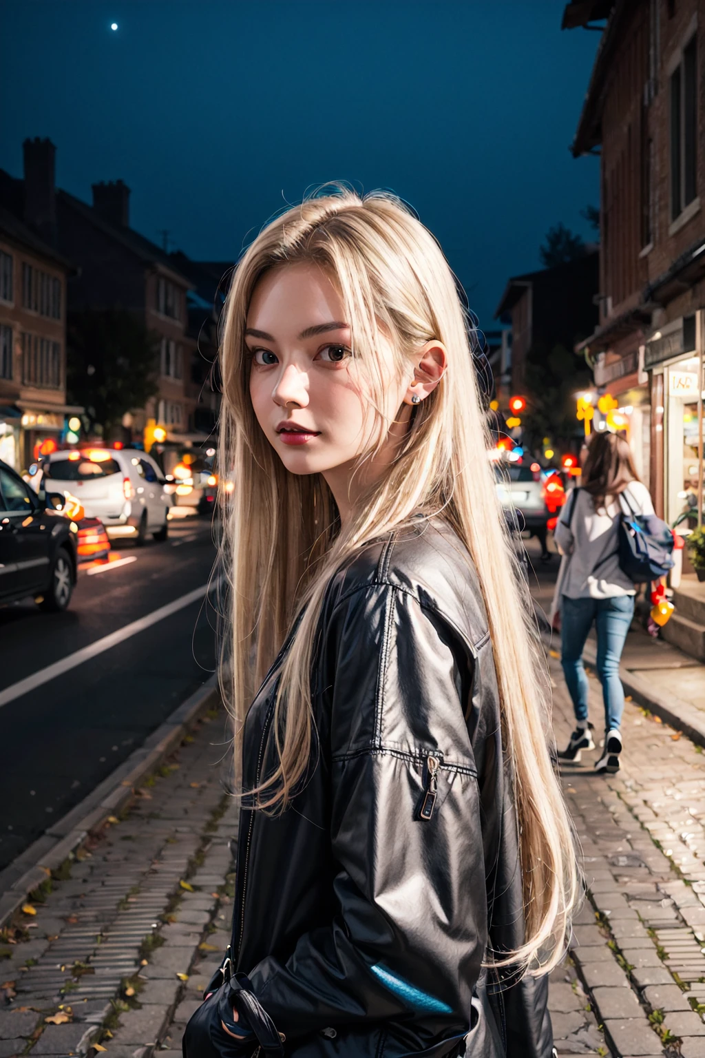 high quality, highres, ultra detail, realistic, 
1girl, cute, long hair, blond hair, street at night,