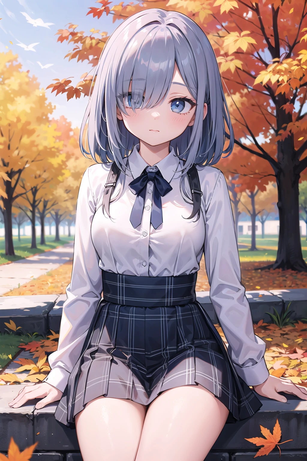 (masterpiece), best quality, high resolution, highly detailed, detailed background, perfect lighting, 1girl, hair over eyes, light blue eyes, medium breasts, plaid skirt, autumn,