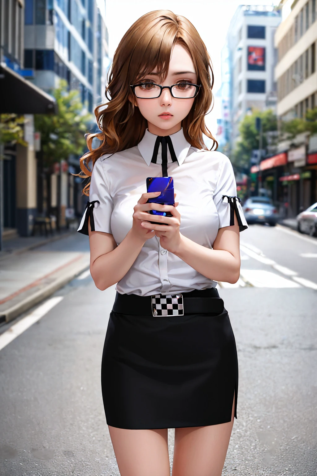 (masterpiece, best quality:1.2), cowboy shot, solo, 1girl, kiryu moeka, expressionless, looking at viewer, holding, cellphone, glasses, collared shirt, short sleeves, pencil skirt, city sidewalk <lora:steinsgate_kiryu:1.0>