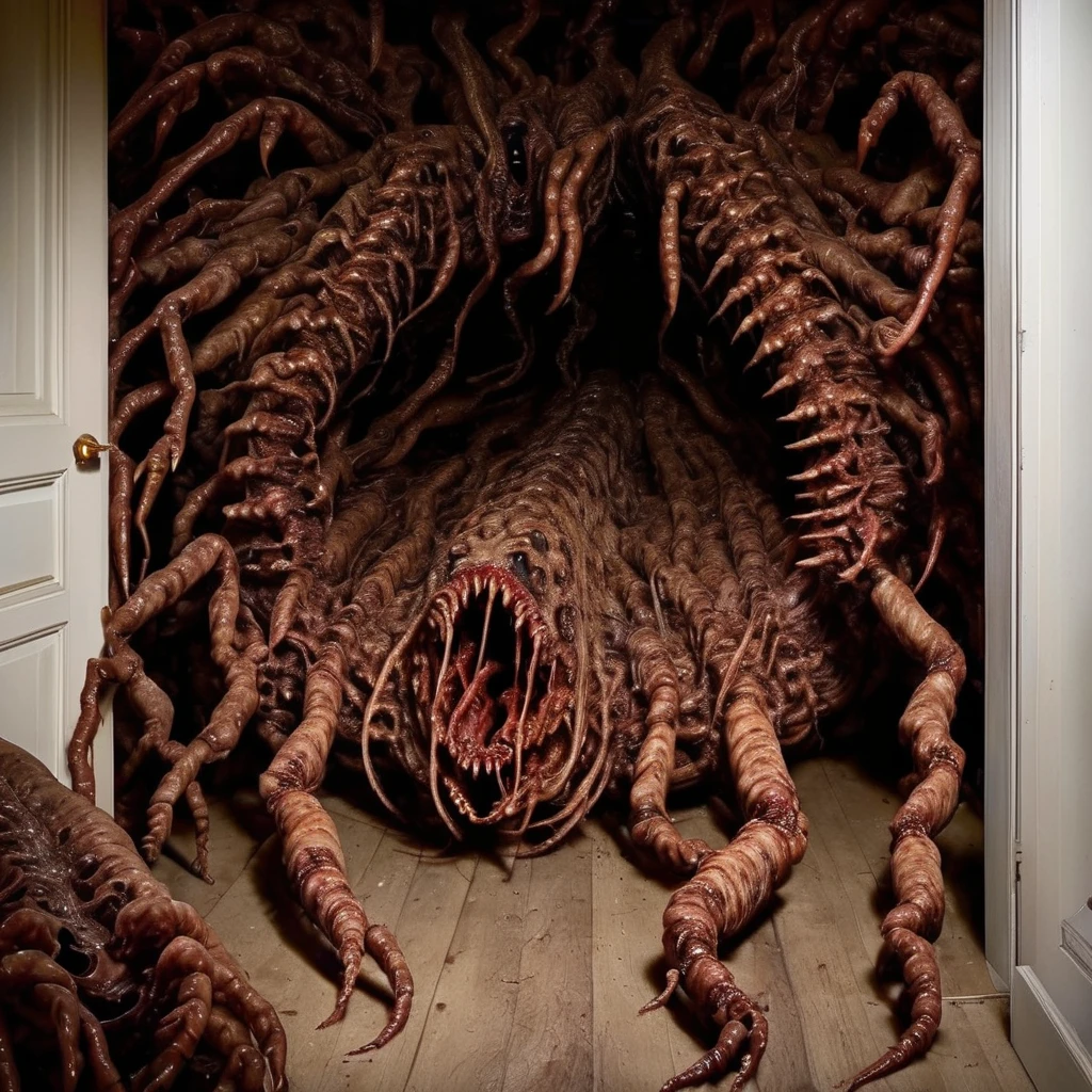 realistic photo of a huge ab0m monster centipede ((in the closet)), terrifying, scary many eyes,<lora:ab0m1-000002:1> , detailed