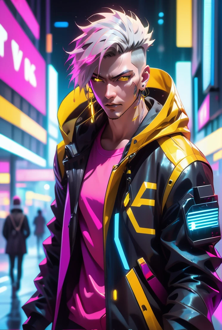 gostaria de uma imagem estilo cyberpunk em 4k de um homem de mais ou menos 20 anos , forte, de pele negra ,com cabelo punk estilo anos 80 na cor amarelo e cinza escuro,muito eLegante,, futurista e estiloso neon , com uma tatuagem super colorida e com neon ,Toattoo, facing a metro station on the platform , with station lights failing in a dimly lit environment, standing dressed in a dark yellow suit with a pink bow tie