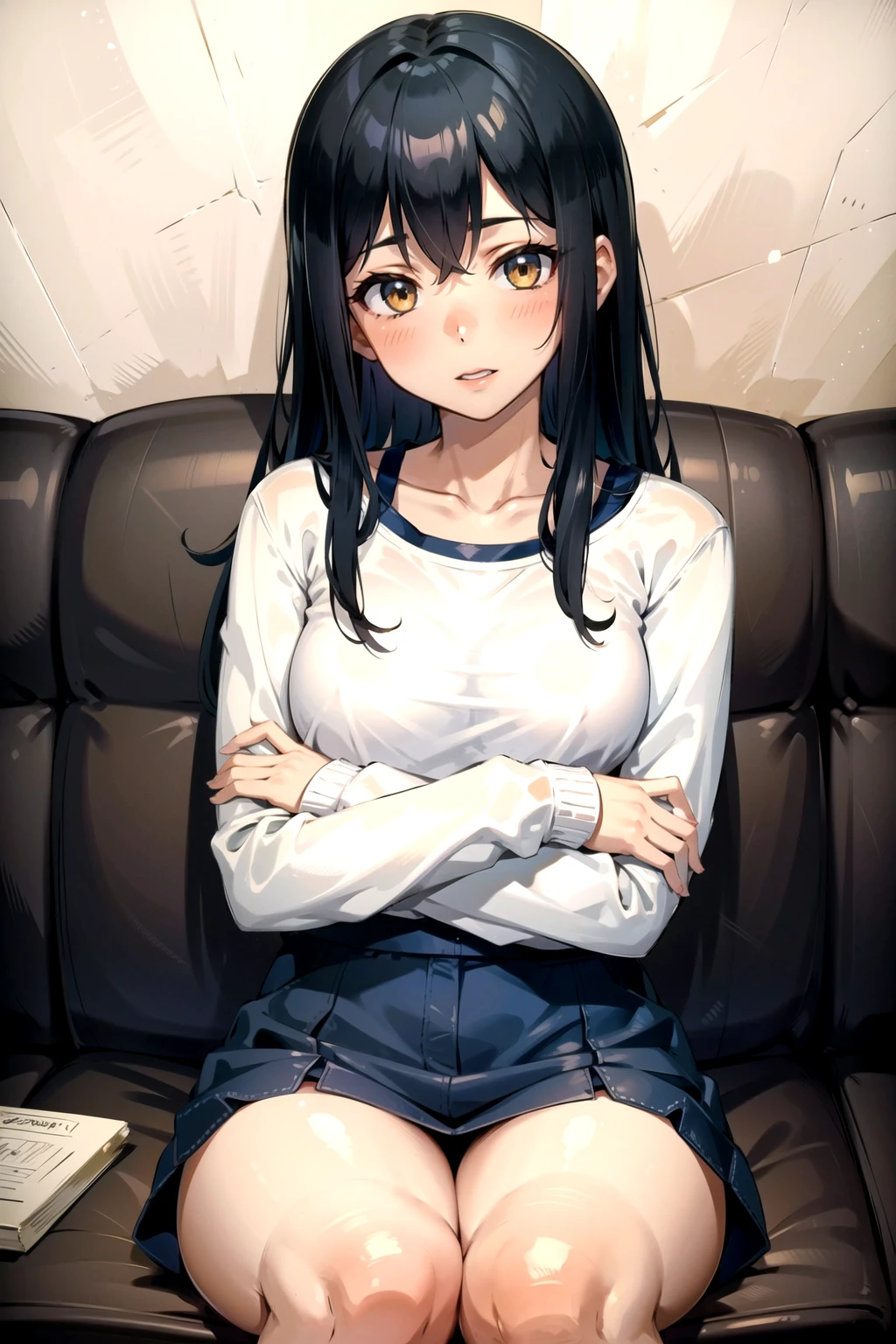 masterpiece, best quality, endured_face, girl, long hair, large breasts, breasts out, sailor shirt, bare legs, loafers, undressing,