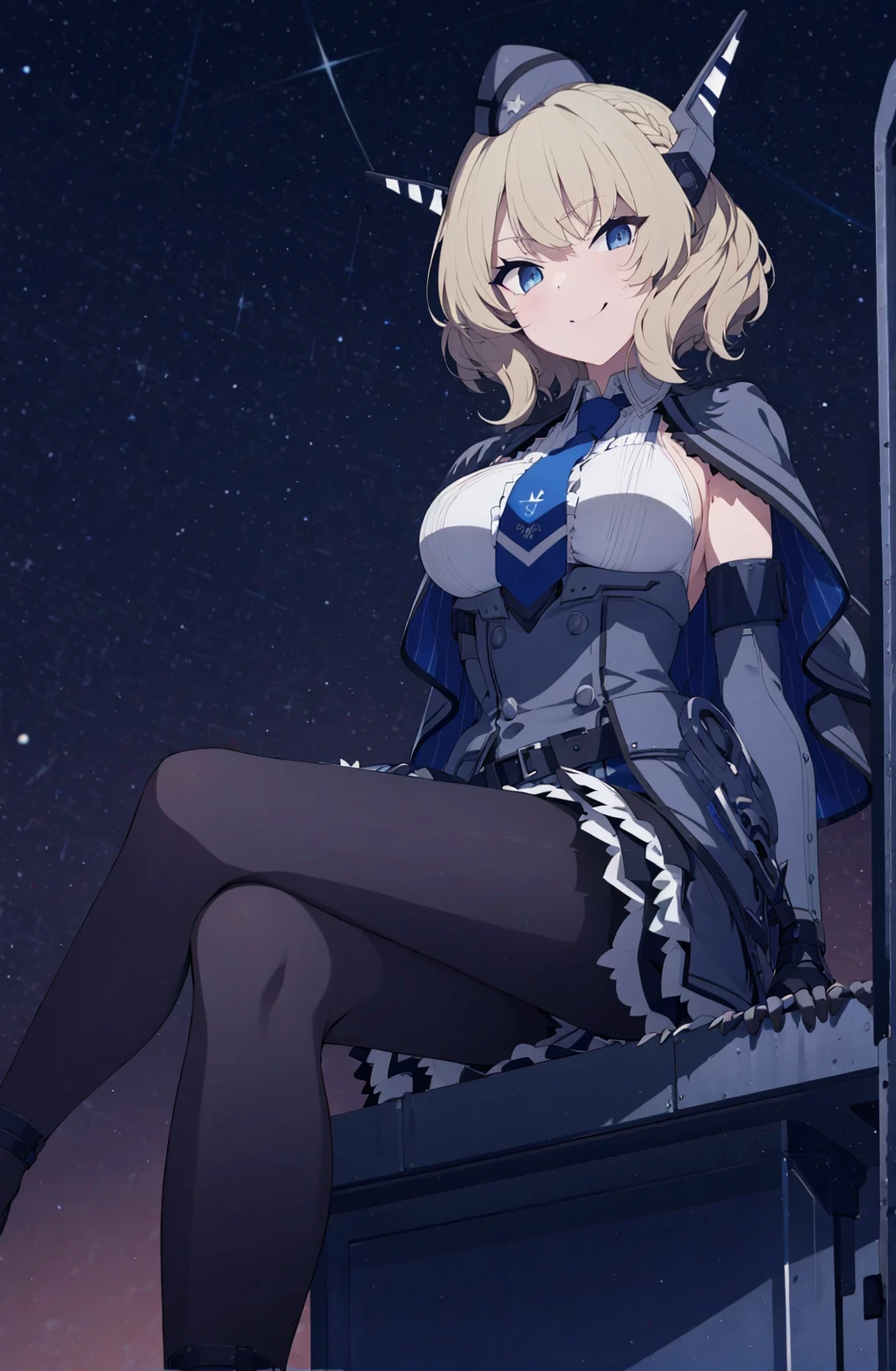 <lora:BArtstyleV9b-CF-Lion-GC-LBW-000014:0.8>, 1girl, solo, purple theme, night sky, purple sky, blue eyes,ColoradoOG, 1girl, solo, blonde, garrison cap, elbow gloves, necktie, braid, grey headgear, hair ornament, pleated dress, large breasts, skirt, smile, buttons, capelet, sleeveless shirt, pantyhose, outdoors, high heels, looking at viewer, Sitting with legs crossed, <lora:hiqcg_body_epoch:0.2:LBW=MOTION> , <lora:night-r:0.4>, from below,