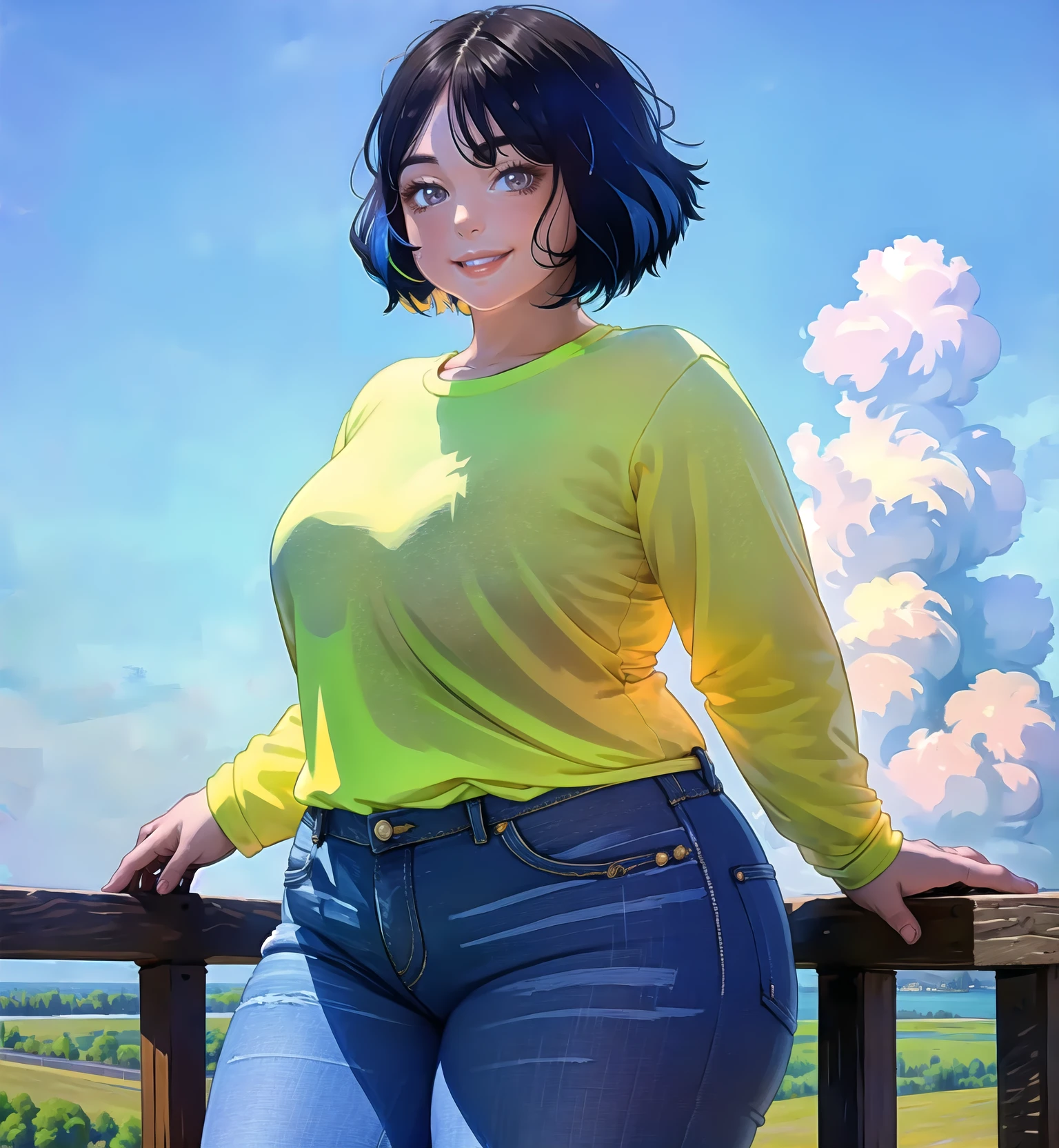 <lora:symix-preview-4-4:1>
(high_aesthetic:1.3),
(1girl, solo),
blue sky, outdoors,
standing, cowboy shot,
jeans, shirt, long sleeves, curvy,
short hair, smile,
lips, closed mouth,
looking at viewer, arms behind back