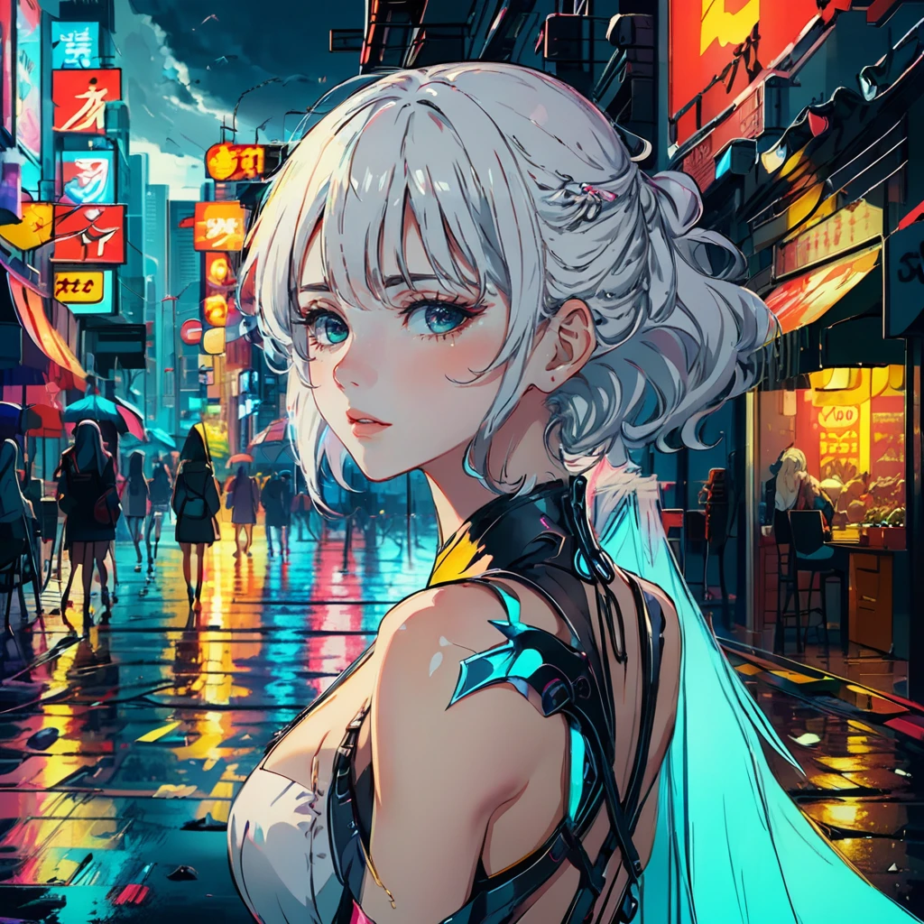 masterpiece,best quality,8k,dark theme,colorful,1girl,shoulder cutout,backless outfit,(finely detailed beautiful eyes and detailed face:1.1),white hair,solo,smile,cloudy_sky,day,wind,cityscape,neon light,after rain,short dress,cinematic lighting, ,
