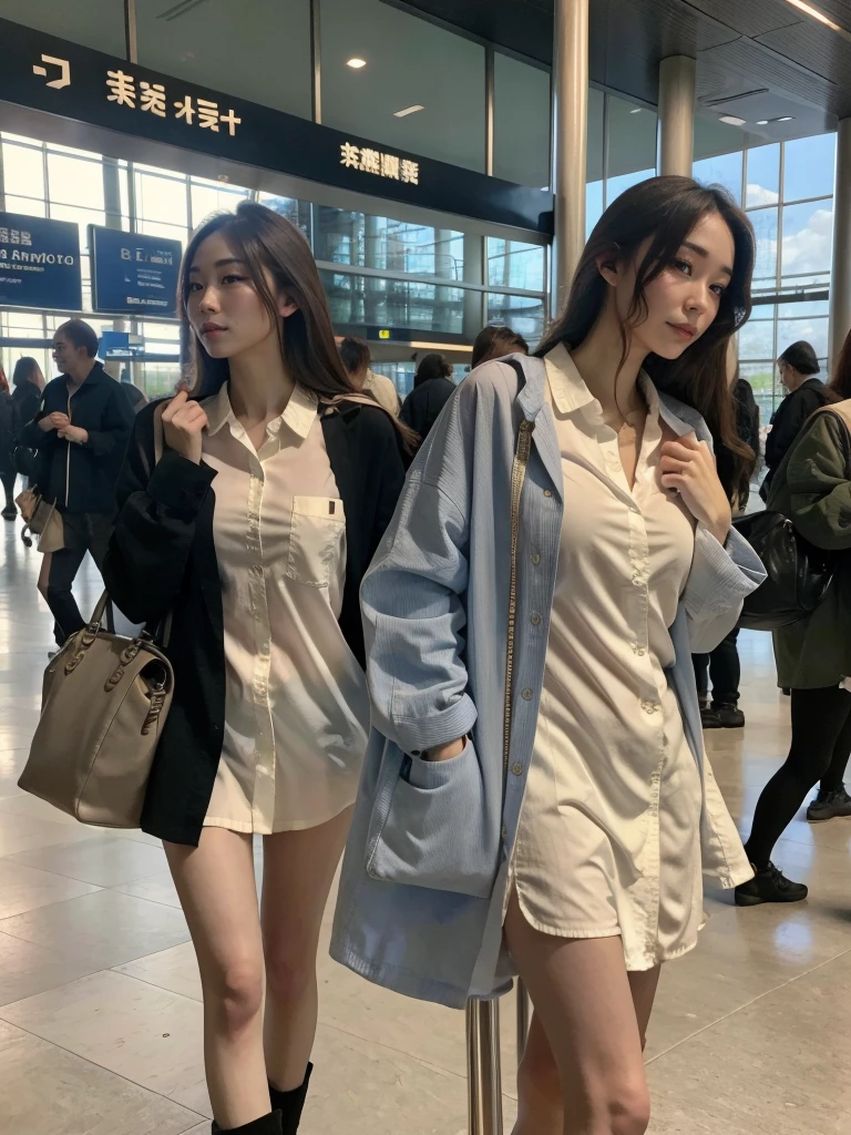 best quality, masterpiece, (photorealistic:1.4), (1girl), long BFShirt, <lora:BFShirtV1:0.8> , airport, open chest,zettai ryouiki,