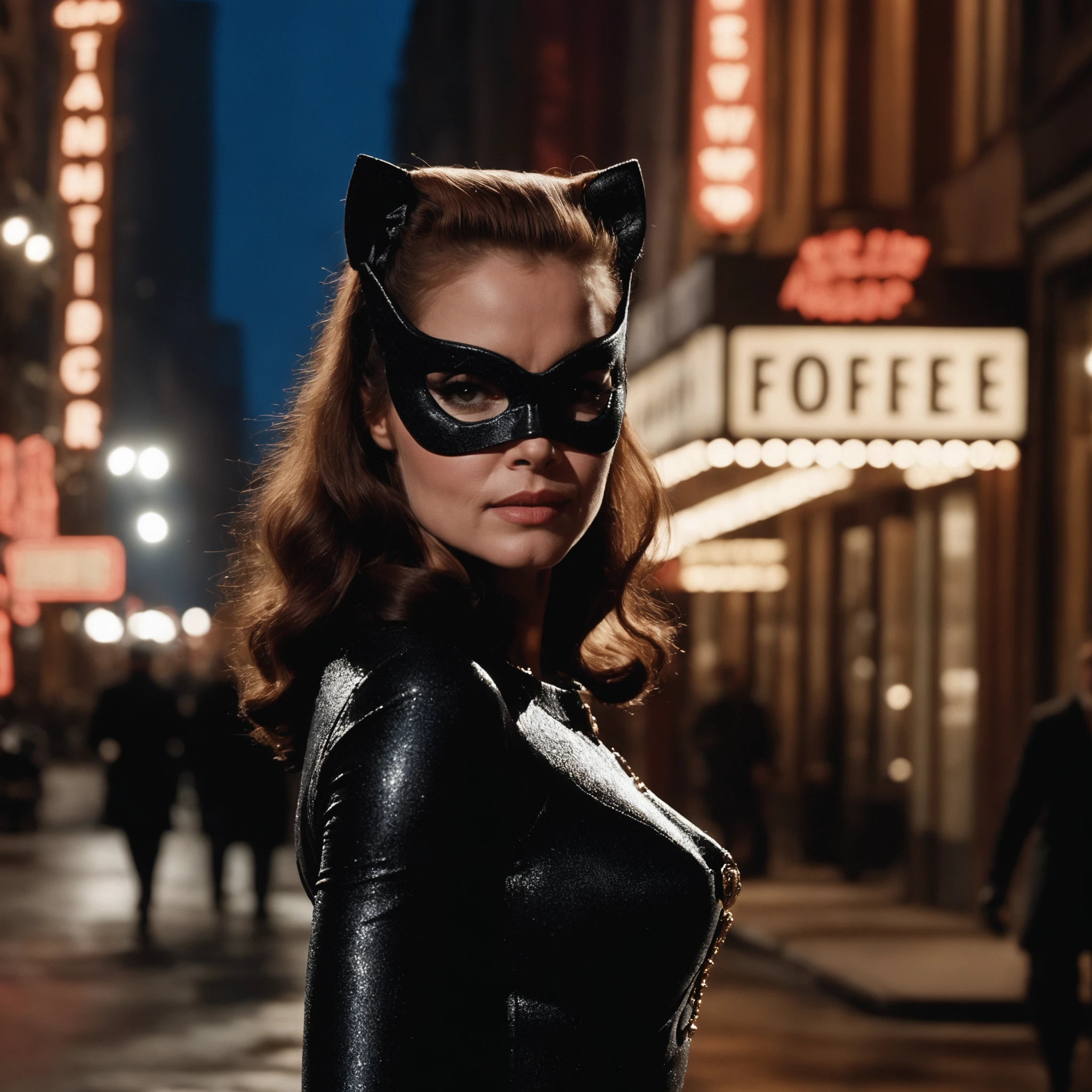 cinematic film still long shot, portrait catwoman woman, background of 1960s \(style\) new york city street, nightime, shop signs, ads<lora:catwoman12GB-000006:0.6> . shallow depth of field, vignette, highly detailed, high budget Hollywood movie, bokeh, cinemascope, moody, epic, gorgeous, film grain, grainy