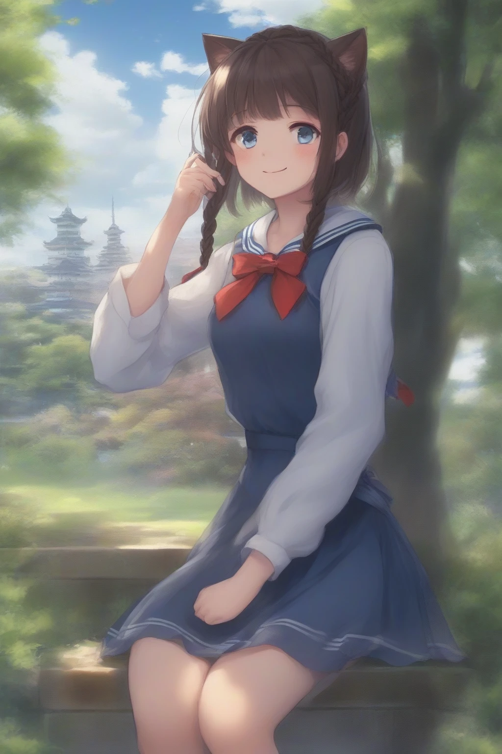 anime, p>, absurdres, animal ears, armpits, black bow, blue eyes, blue shirt, blue sky, blurry, blush stickers, bookhelf, bottle, (braid:1.79), brown hair, building, cat tailband background, chinese commentary request, city lights, cloud print, cloudy sky, collarbone, comic, day, english text, fish, food, frilled sailor collar lift, furrowed brow, grass, green ribbon, grey hood, high collar, highres, holding hands, indoors, ladder interior, long hair, miyabi neckerchief, original, outdoors, paper, plantar flexing, red sailor collar, reflection, ribbon, scenery, shelf, shouhoumaru, shouhoujigenori, shirt, short hair, sky, smiley face, solo, sparkle hair ornament, standing, table, tasselain, tree, white headwear, yellow neckerchief, you shimizu tomoko, yinzang xiao, zzzzzhi gongzi, zouriel guangli genshinzhi lv li gao zhi lqiu saku kai ni nagikou ga kancolle, zun jiei ganntai hannte ganntai hua oshiaki ma gan<lora:anime_sdxl_v2-000007:1>