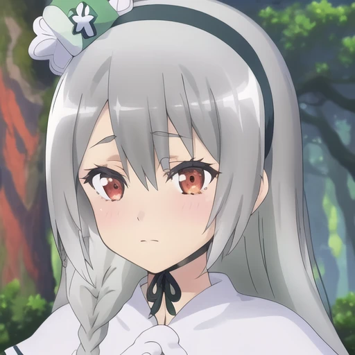 (masterpiece, best quality:1.2),illustration,8k,hd,1girl,solo,full body,red eyes,bangs,long hair,braid,grey hair,hat,hairband,green dress,thighhighs,very long hair,layered sleeves,gloves,green headwear,side braid,white capelet,hair between eyes,boots,<lora:Maidena Angers-V1:0.9>,