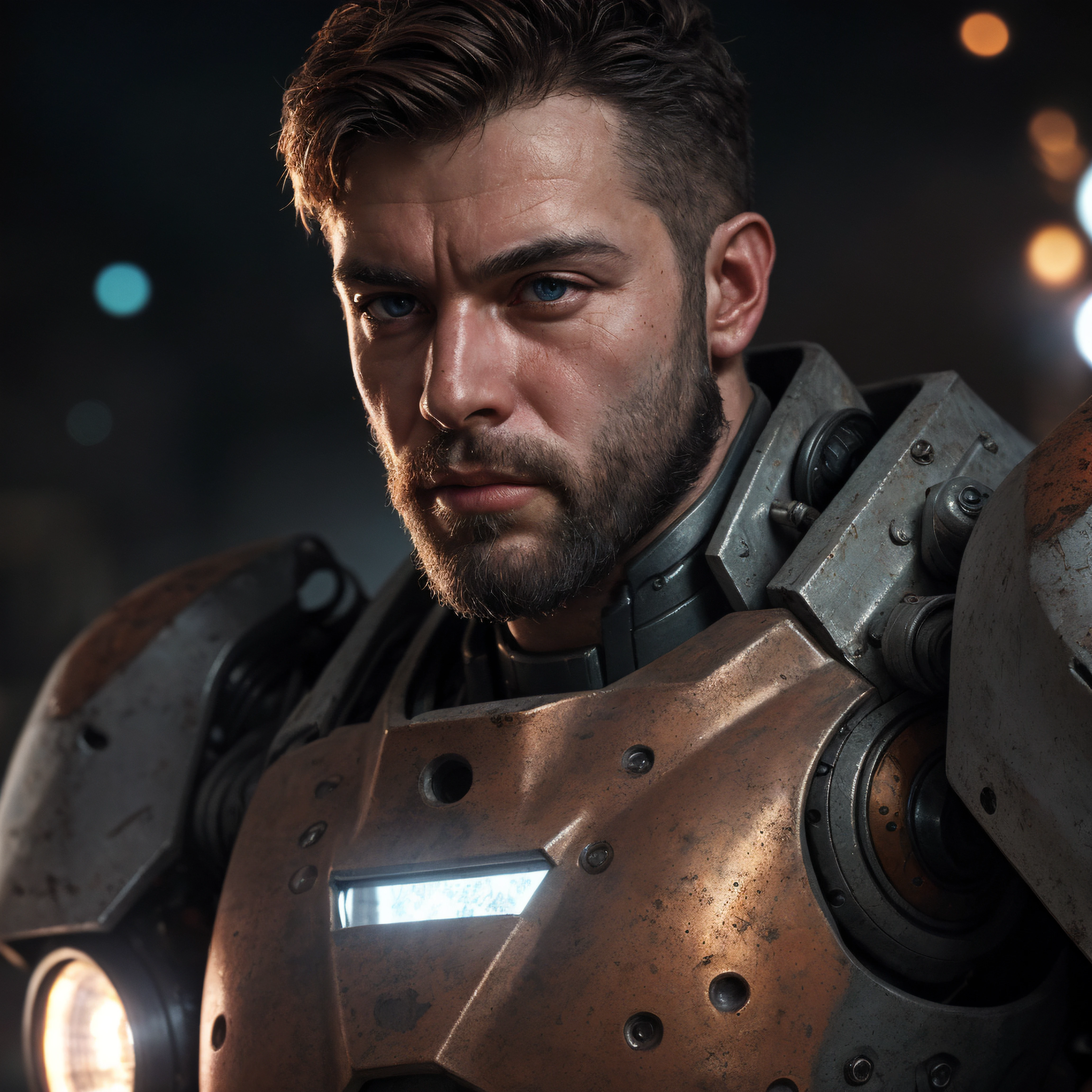 close up Portrait photo of muscular bearded guy in a worn mech suit, ((light bokeh)), intricate, (steel metal [rust]), elegant, sharp focus, photo by greg rutkowski, soft lighting, vibrant colors, masterpiece, ((streets)), detailed face