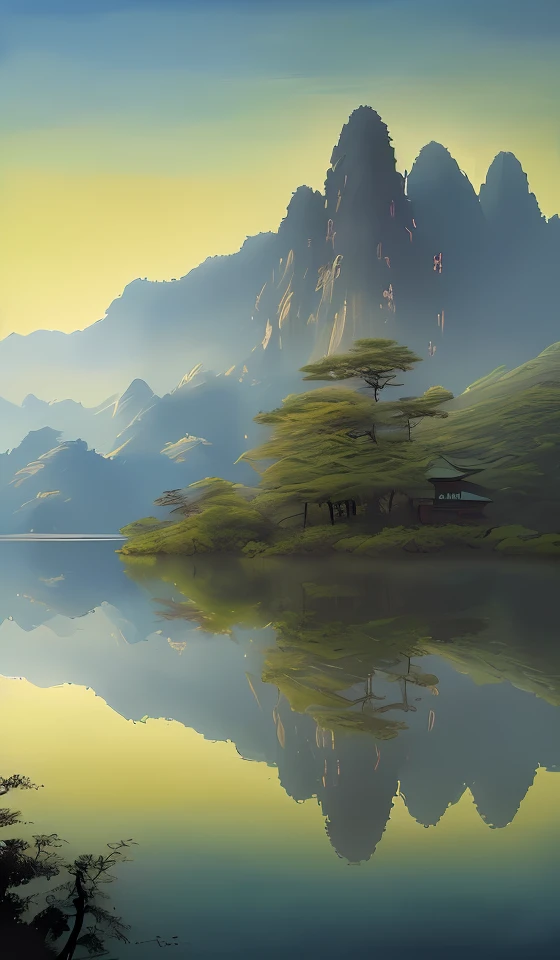 guofeng,chinese style,((summer, Huangshan National Park,painting antient arts style,traditional Chinese painting,painting lake and mountain landscape, mountain reflection on lake surface)),Painting,Volumetric sun Lighting,((high quality:1.2, masterpiece:1.2)),oil landscape,extreme wide perfect composition,(("Mysterious, Enigmatic and Intriguing landscape")),