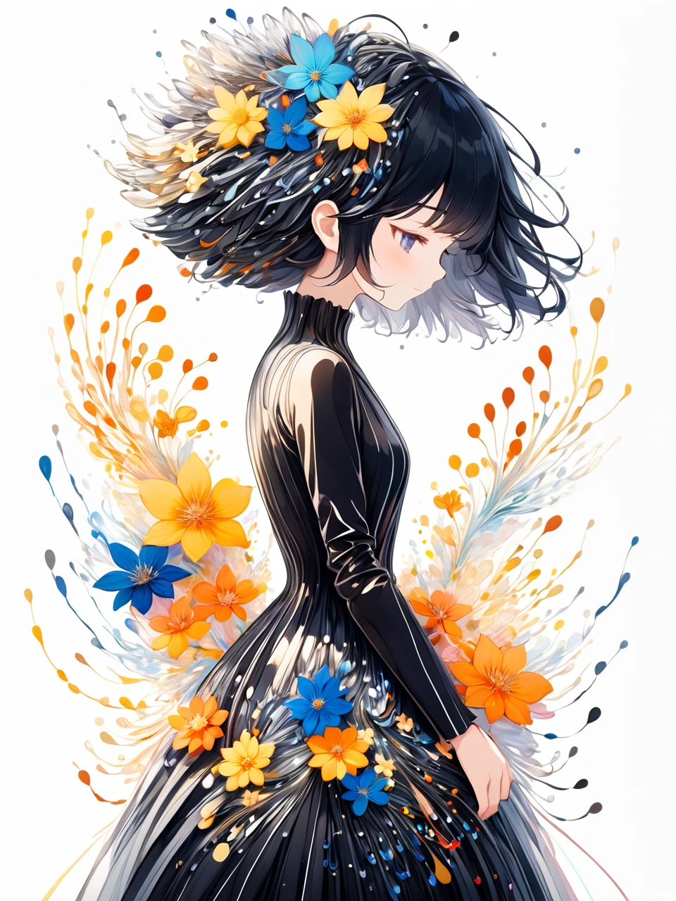 anime art style, a woman in a dress made of ferrofluid threads and flowers, white background