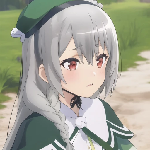 (masterpiece, best quality:1.2),illustration,8k,hd,1girl,solo,red eyes,bangs,long hair,braid,grey hair,hat,hairband,green dress,thighhighs,very long hair,layered sleeves,gloves,green headwear,side braid,white capelet,hair between eyes,boots,<lora:Maidena Angers-V1:0.9>,