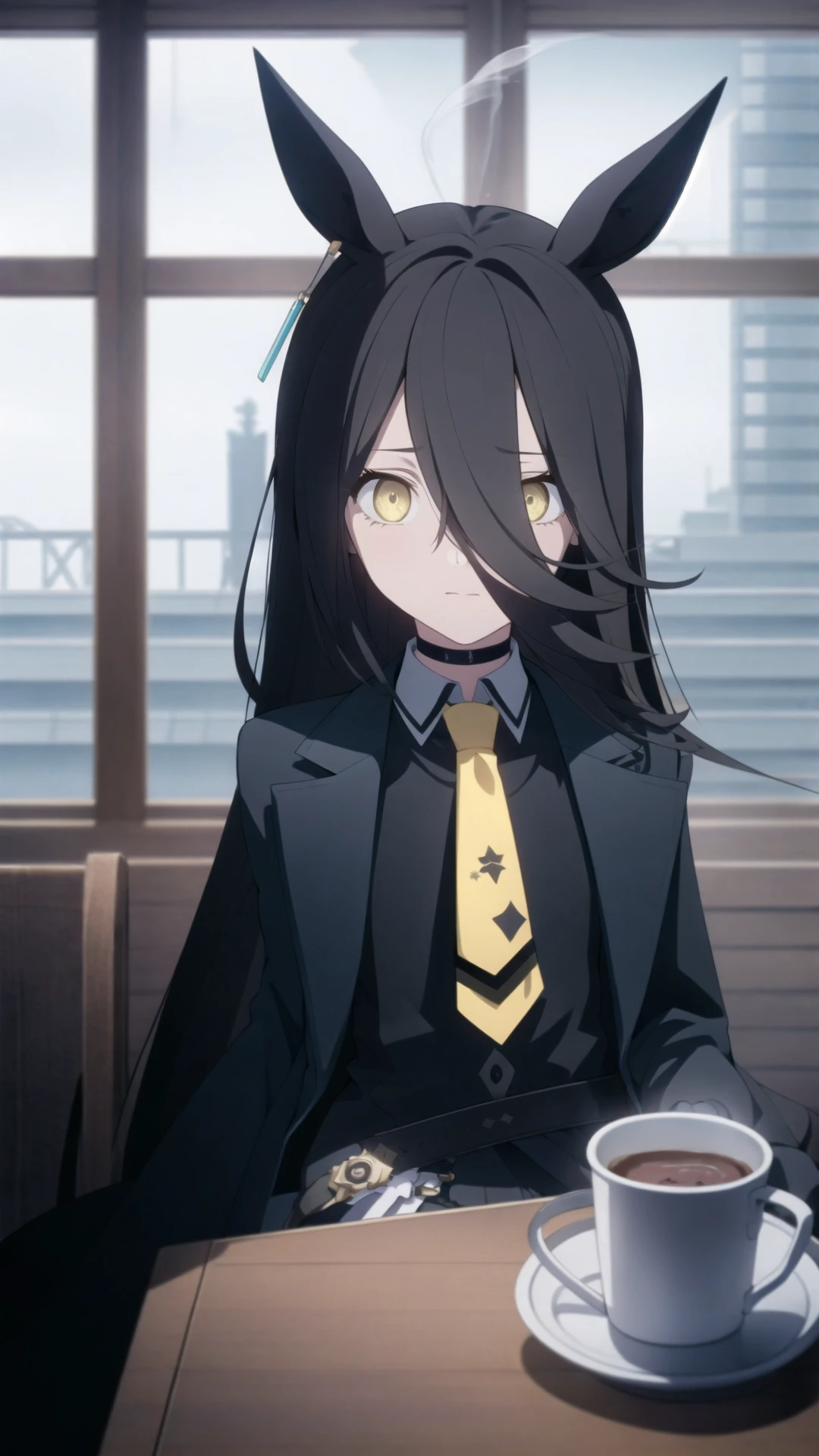 1girl, <lora:BArtstyleV9b-CF-Lion-GC-LBW-000014:0.8>, grey theme, manhattan cafe \(umamusume\), wide shot, looking at viewer,water drop window, dark cloudy sky, sitting on char, table, cup on table, steam, black choker, black gloves, long sleeves, collared shirt, yellow necktie, black vest, black coat, belt, black skirt, pleated skirt, <lora:manhattan_cafe_lora:0.7>