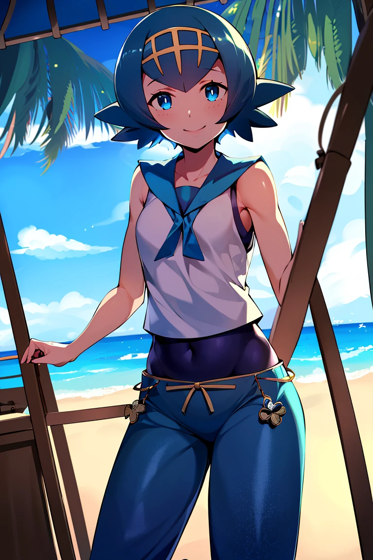((masterpiece,best quality)), absurdres,
<lora:Lana_Pokemon:0.8>, Lana_Pokemon, sailor collar, sleeveless shirt, blue pants, 
solo, smiling, looking at viewer, cowboy shot, 
tropical background, cinematic composition, dynamic pose,