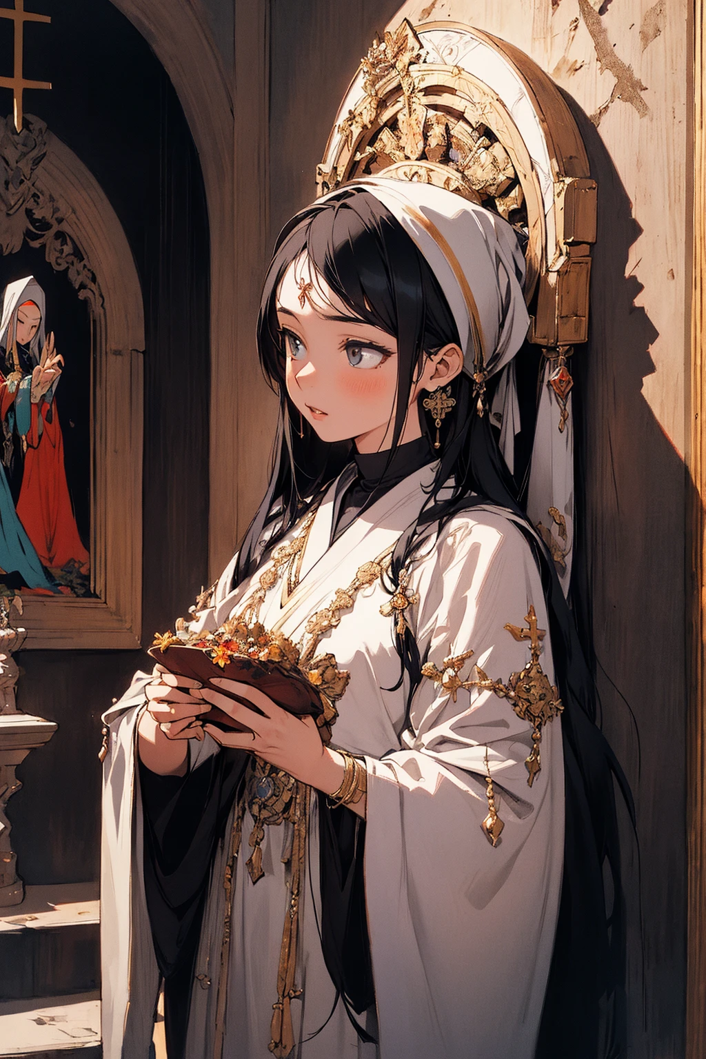 absurdres, highres, ultra detailed, (1girl:1.3),
BREAK
, icon art, religious symbolism, spiritual imagery, devotional paintings, traditional techniques, sacred spaces, cultural heritage