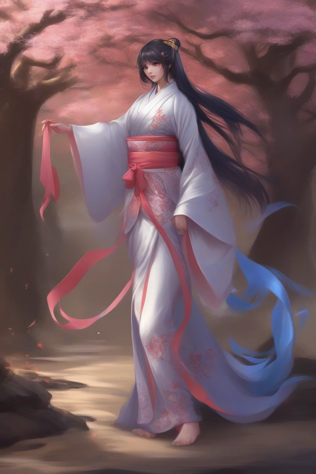 anime,, absurdres, bangs, bare tree, black gloves, black hairband, blue eyes, blunt tresses, commentary request, fingerless gloves, fire emblem, floating, full body of armor, glint, gold trim, grey hairbone, hair ribbon, high collar, highres, japanese armor, (japanese clothes:-0.5), kimono, long hair, looking at viewer, mace, obi, outdoors, parted bangs, pink ribbonade gakuenai, purple footwear, ribbon choker, ryota bb umigarasu no yuuji-sama ga warabiisu aaibushi, red ribbon, ribbon, sand, sakura chiku, solo, standing, tree, twintails, twitter username, very long hair, water, white kimono, wide hips, yukata, you're doing it wrong, zeta guzaki, zoom layer, yellow ribbon, yuugiri zuikakuusui daichi, yin yang printout, yin yang sango de aru ga dongrui shinkaijin ga meiko, yunomiya haruki style gakuen taisen ga nai, you're doing it wrong cosplay requestamusume, yoin ye huan qian zi yaolie gan gakuens<lora:anime_sdxl_v2-000007:1>
