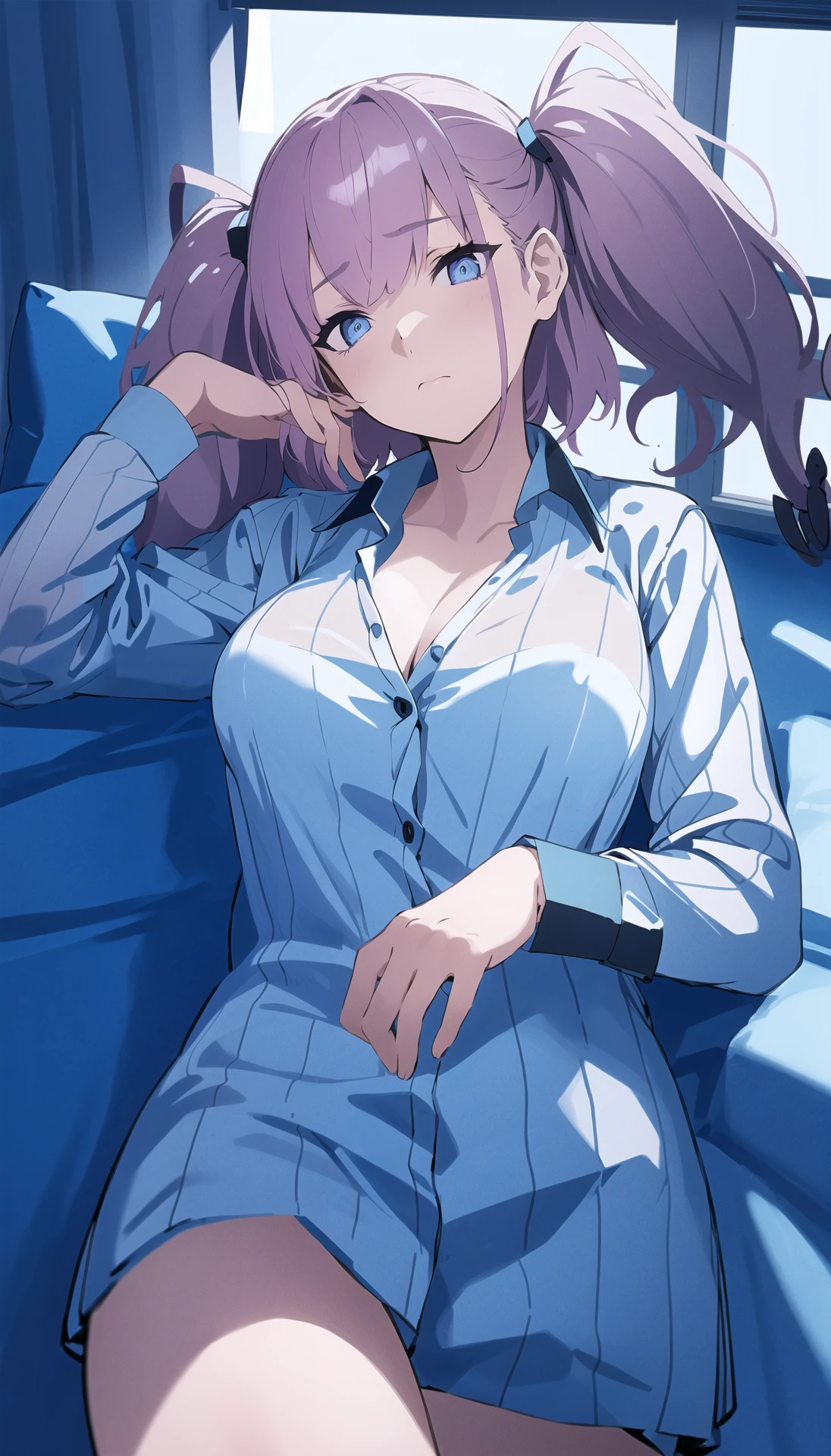 (blue theme. night:1.4), masterpiece, best quality, <lora:BArtstyleV9b-CF-Lion-GC-LBW-000014:1:lbw=STYLE>, 1girl, solo, girl, pink hair, twin tails, large breasts, grey eyes, lying on bed, on back, cleavage, see-through shirt, pajamas, jitome, frown,  closed mouth, head tilt, looking at viewer,  window shade,   <lora:KCAtlanta:1>, ,