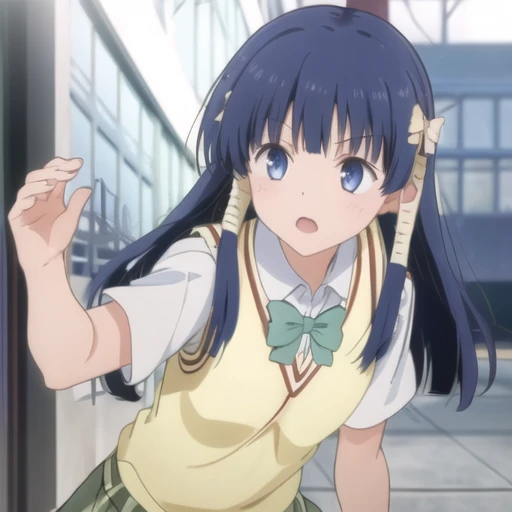 (masterpiece, best quality:1.2),illustration,8k,hd,1girl,solo,blue eyes,long hair,school uniform,bow,blue hair,hair ornament,sweater vest,blue hair,green skirt,black socks,hair ribbon,short sleeves,plaid skirt,pleated skirt,ribbon,<lora:Murasame Shizu-V1:1>,