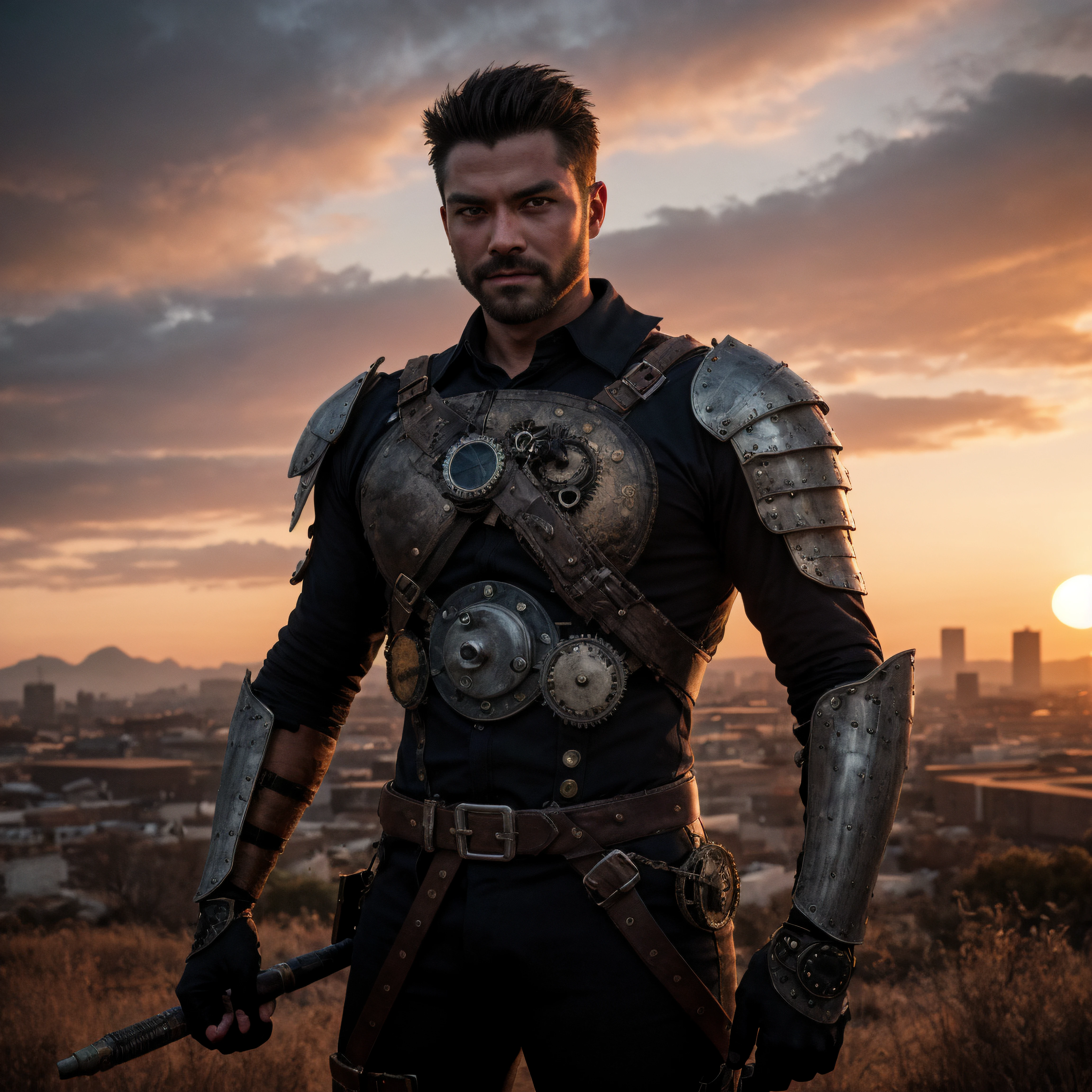 steampunk warrior man, best quality, HDR, raw photo, film grain, cinestill 50d, intricate, elegant, highly detailed, hdr, cinematic lighting, sunset