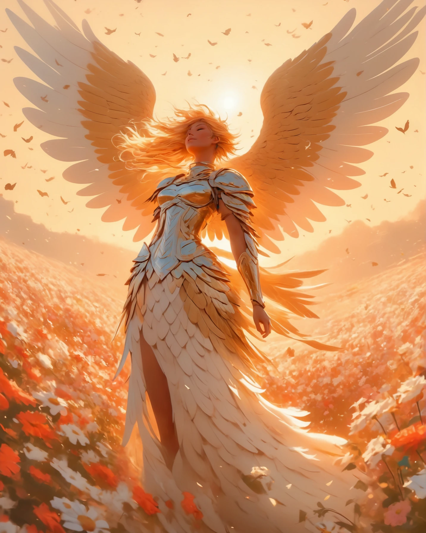 A beautiful valkyrie in a field of flowers, angel wings on her back, feathers flying in the wind, full body, golden hour, anime style <lora:offset_0.2:1>