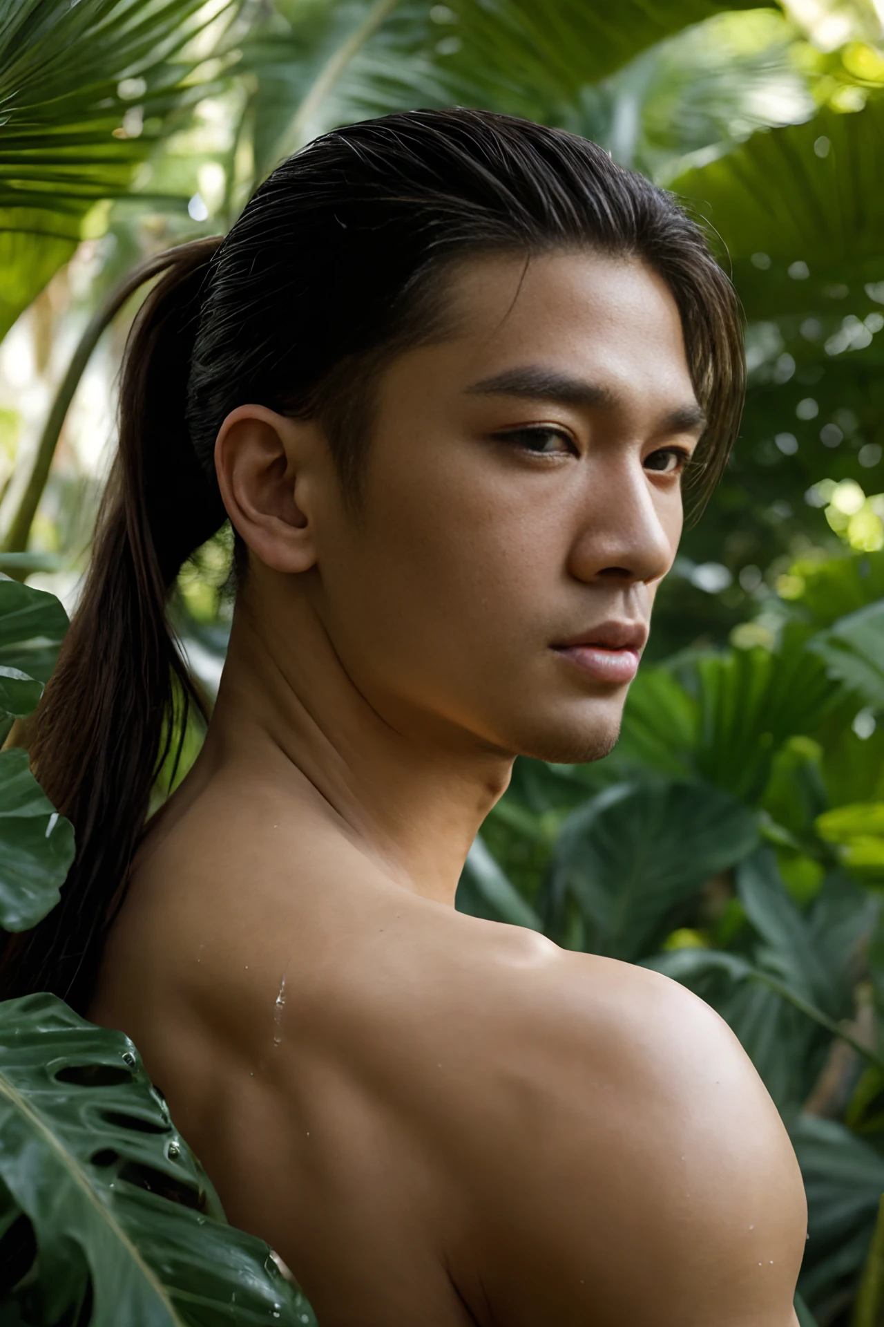 Handsome Asian man Not wearing any clothes, wearing underwear, facing fully, has hair on the legs, has a waterfall, orchids.