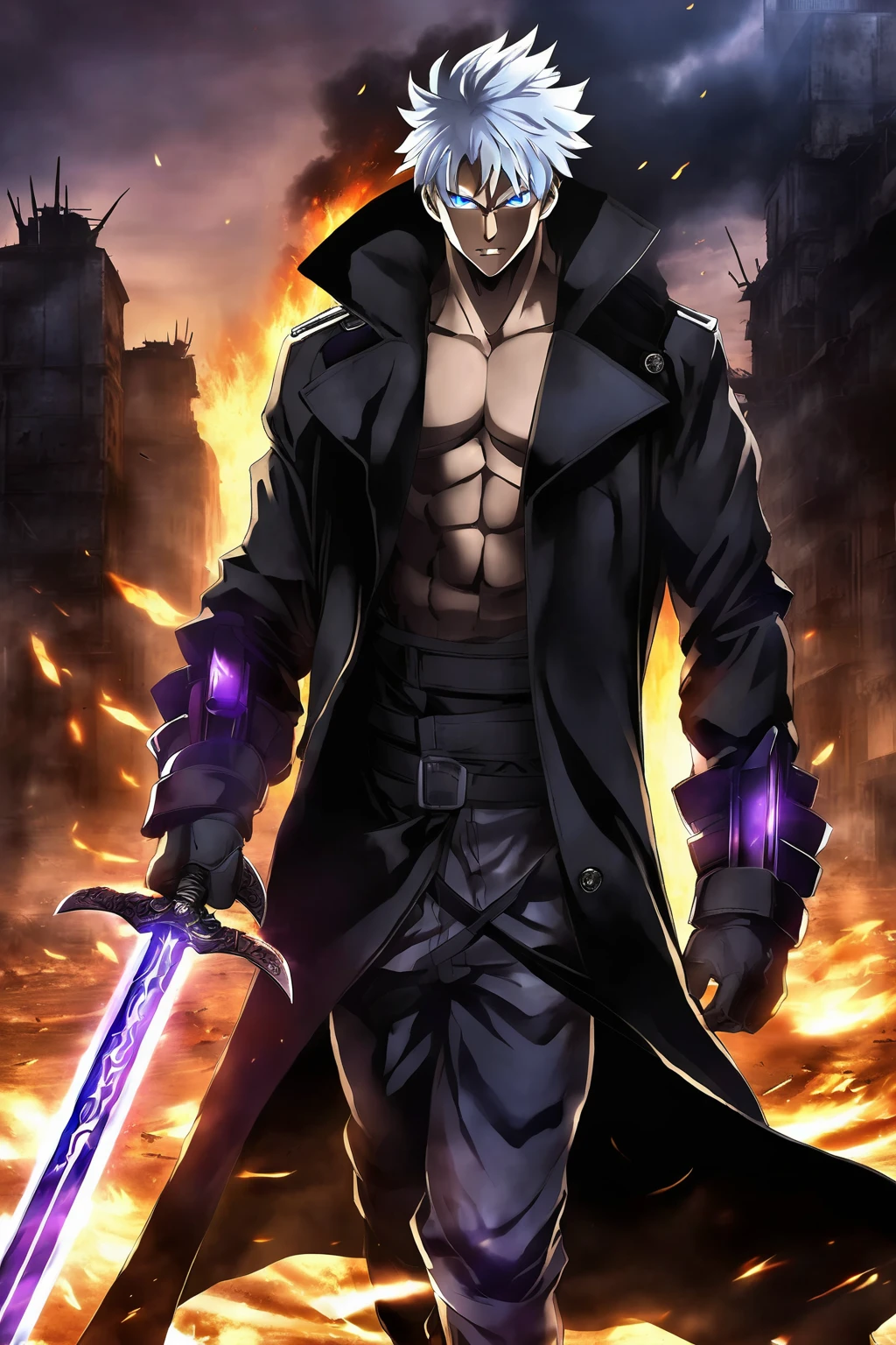 anime,<lora:anime_sdxl_v2-000007:1>,1boy,black trench coat,black headwear,apocalypse,fire,destruction,destroyed buildings,burning buildings,rubble and ash, ash clouds,darkness,dual sword, glowing sword,burning sword,(looking at viewer:2.5),walking to the viewer,white hair, blue sapphire eyes,glowing eyes, muscular male,huge sword,no shirt,abs,visible upper body,open trench coat,holding sword,holding weapon,(topless male:2.5),shirtless
A handsome man wearing a black trenchcoat with not shirt and visible abs dual wielding two legendary swords that glow in dark purple fire walking away from a apocalypse
