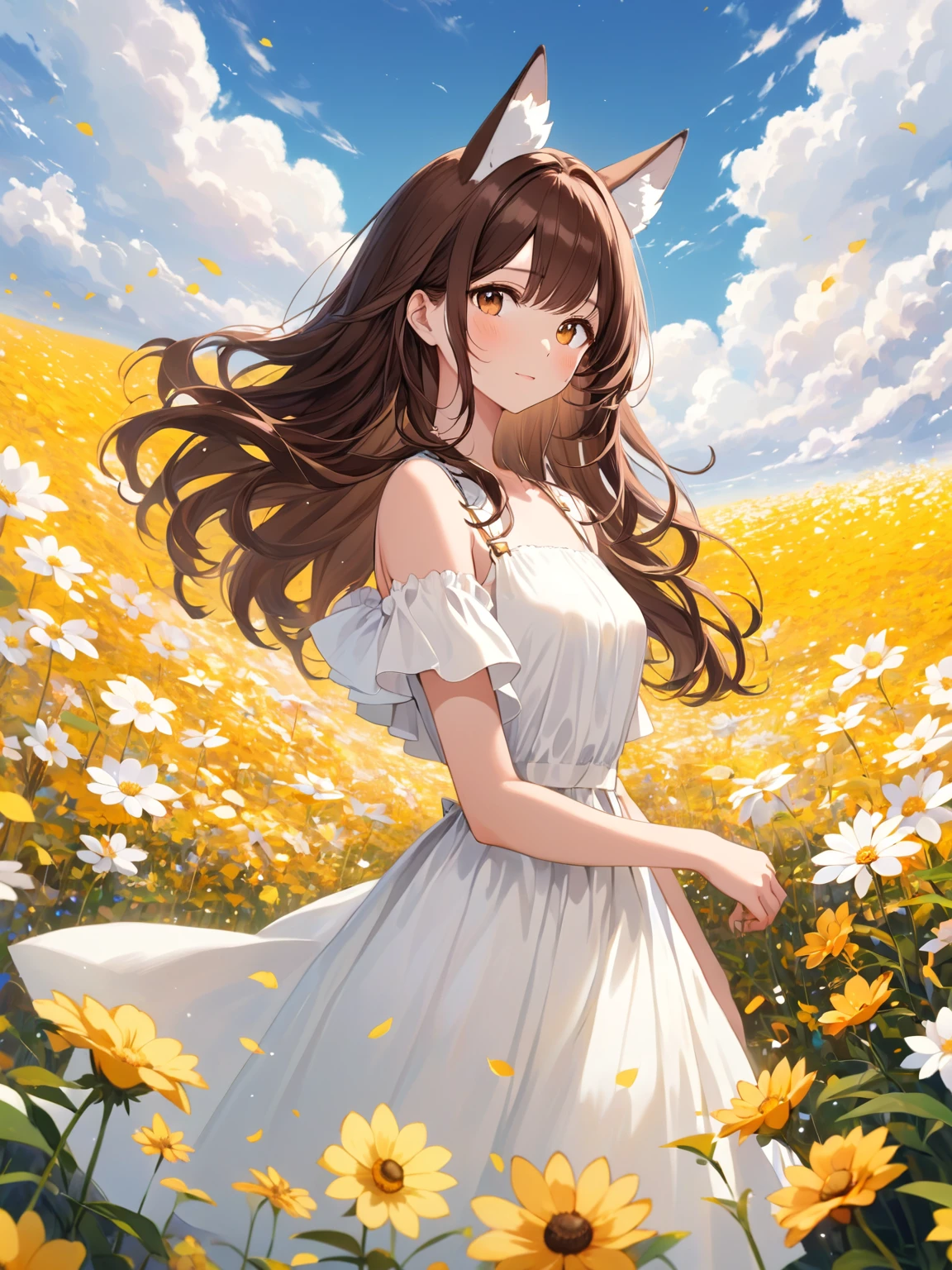 a woman standing in a flower field, brown hair, fox ears, white dress, amber eyes, sky, clouds