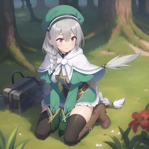 (masterpiece, best quality:1.2),illustration,8k,hd,1girl,solo,red eyes,bangs,long hair,braid,grey hair,hat,hairband,green dress,thighhighs,very long hair,layered sleeves,gloves,green headwear,side braid,white capelet,hair between eyes,boots,<lora:Maidena Angers-V1:0.7>,