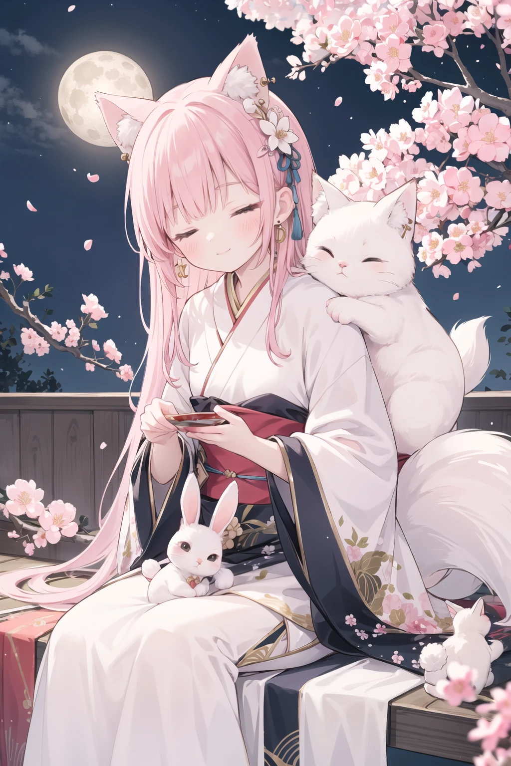 moon, full moon, rating:safe, bunny, cherry blossoms, animal, 1girl, petals, branch, white cat, dog, cat, night, fox, tree, long hair, animal on lap, kyubey, sitting, round window, flower, closed eyes, holding animal, moogle, creature, smile, hair ornament, jewelry, in tree, night sky, earrings, chinese clothes, spring (season), pink flower, hanfu, sky, fou (fate), very long hair, cat ear , sitting in tree, animal on shoulder, hair flower, petting, clothed animal, blush, bare tree, wide sleeves,cat, long sleeves