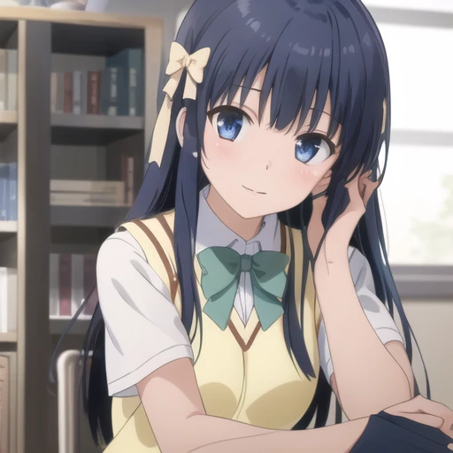 (masterpiece, best quality:1.2),illustration,8k,hd,1girl,solo,blue eyes,long hair,school uniform,bow,blue hair,hair ornament,sweater vest,blue hair,green skirt,black socks,hair ribbon,short sleeves,plaid skirt,pleated skirt,ribbon,<lora:Murasame Shizu-V1:0.7>,