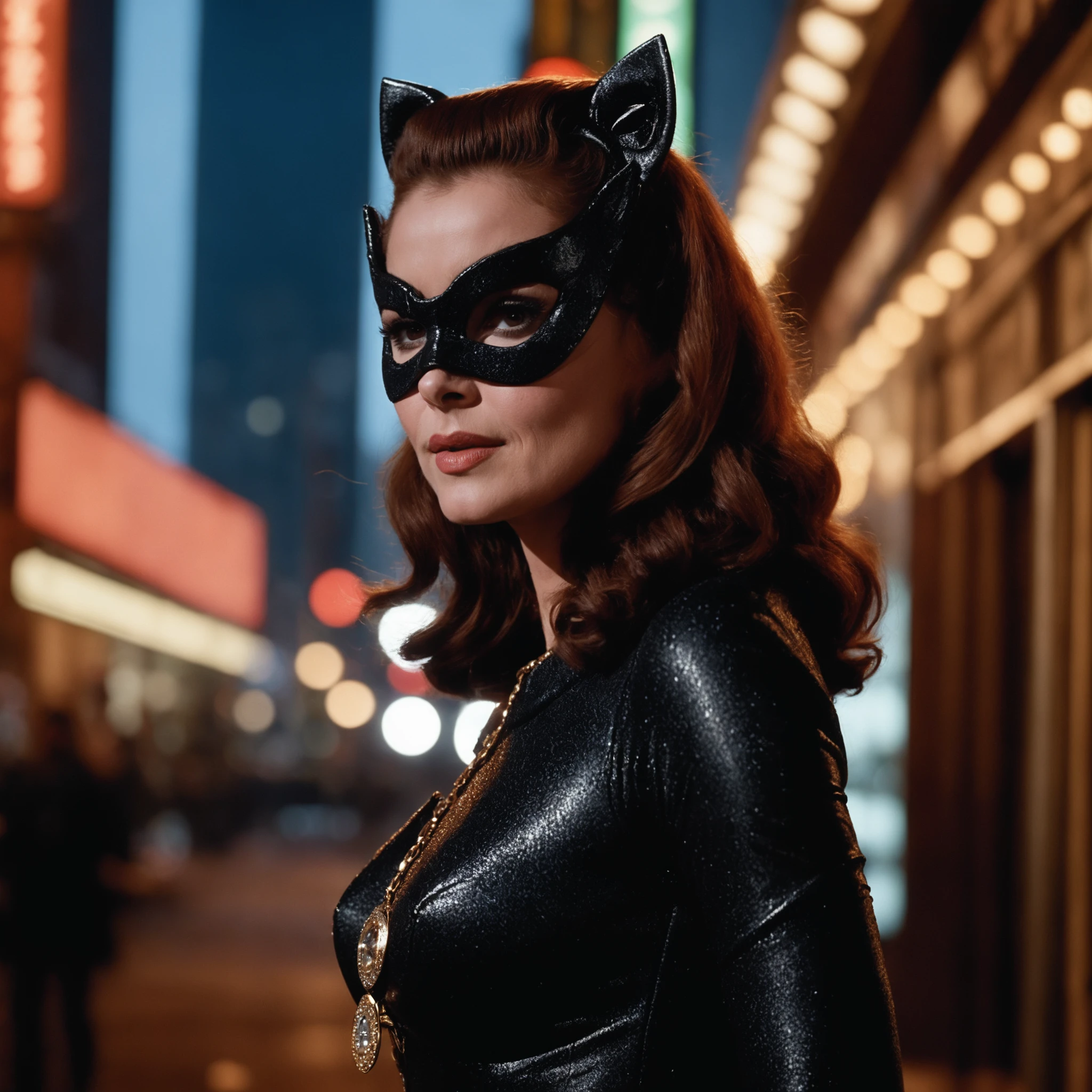 cinematic film still close up, portrait catwoman woman, background of 1960s \(style\) new york city street, nightime, shop signs, ads<lora:catwoman12GB-000006:0.6> . shallow depth of field, vignette, highly detailed, high budget Hollywood movie, bokeh, cinemascope, moody, epic, gorgeous, film grain, grainy