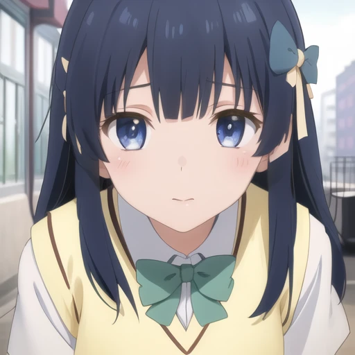 (masterpiece, best quality:1.2),illustration,8k,hd,1girl,solo,blue eyes,long hair,school uniform,bow,blue hair,hair ornament,sweater vest,blue hair,green skirt,black socks,hair ribbon,short sleeves,plaid skirt,pleated skirt,ribbon,<lora:Murasame Shizu-V1:0.8>,